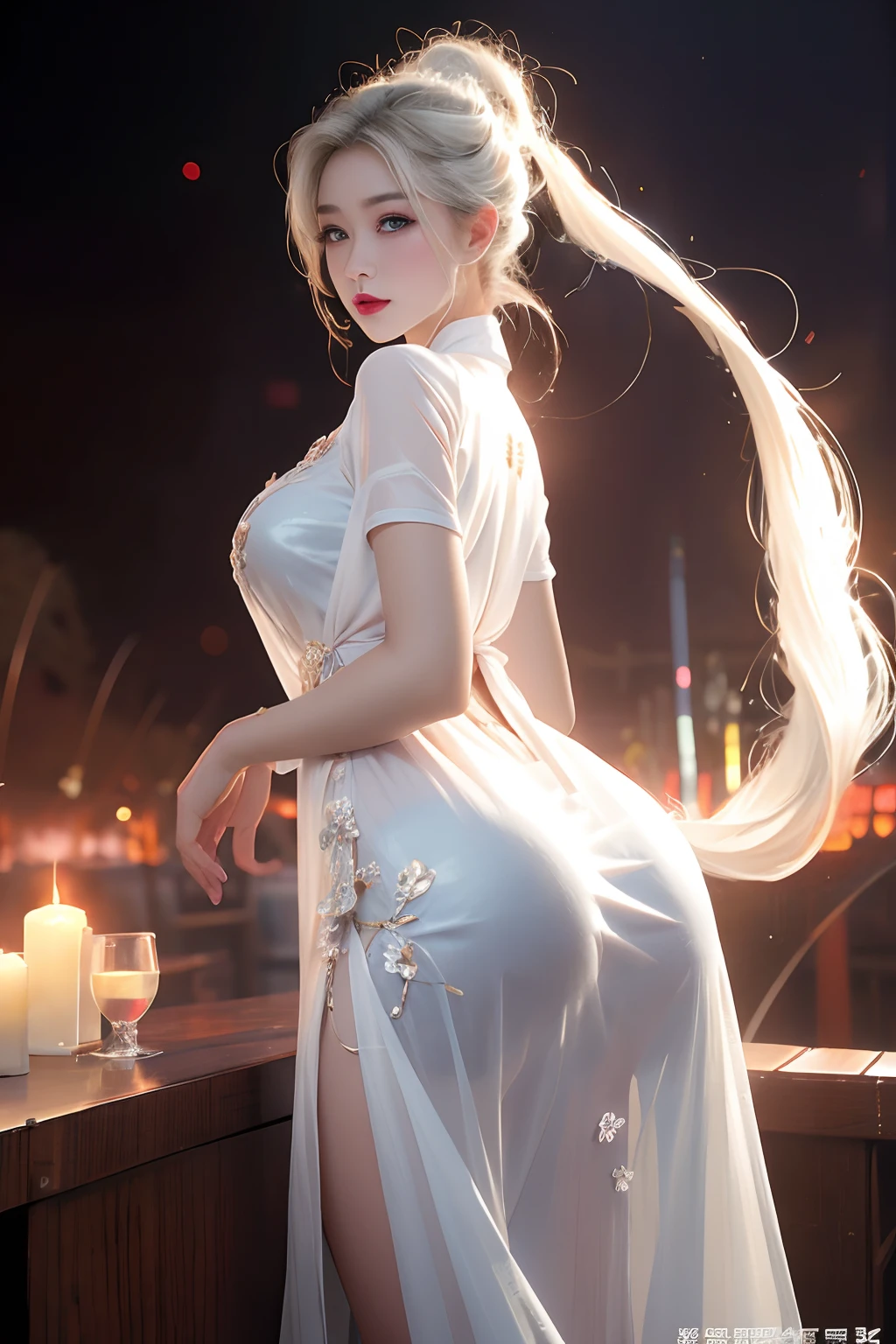 realisticlying, A high resolution, 1 rapariga, White color hair, korean people, eBlue eyes, The transparent cheongsam is flying，Sheer tight-fitting garments，Beads of sweat dripped down the buttocks，Large chest，Wide buttock， your ass，Butt visible，Visible on the back，buttocks visible，Ass pouted，wide wide shot，Cinema lenses，The skin glows，space ship，