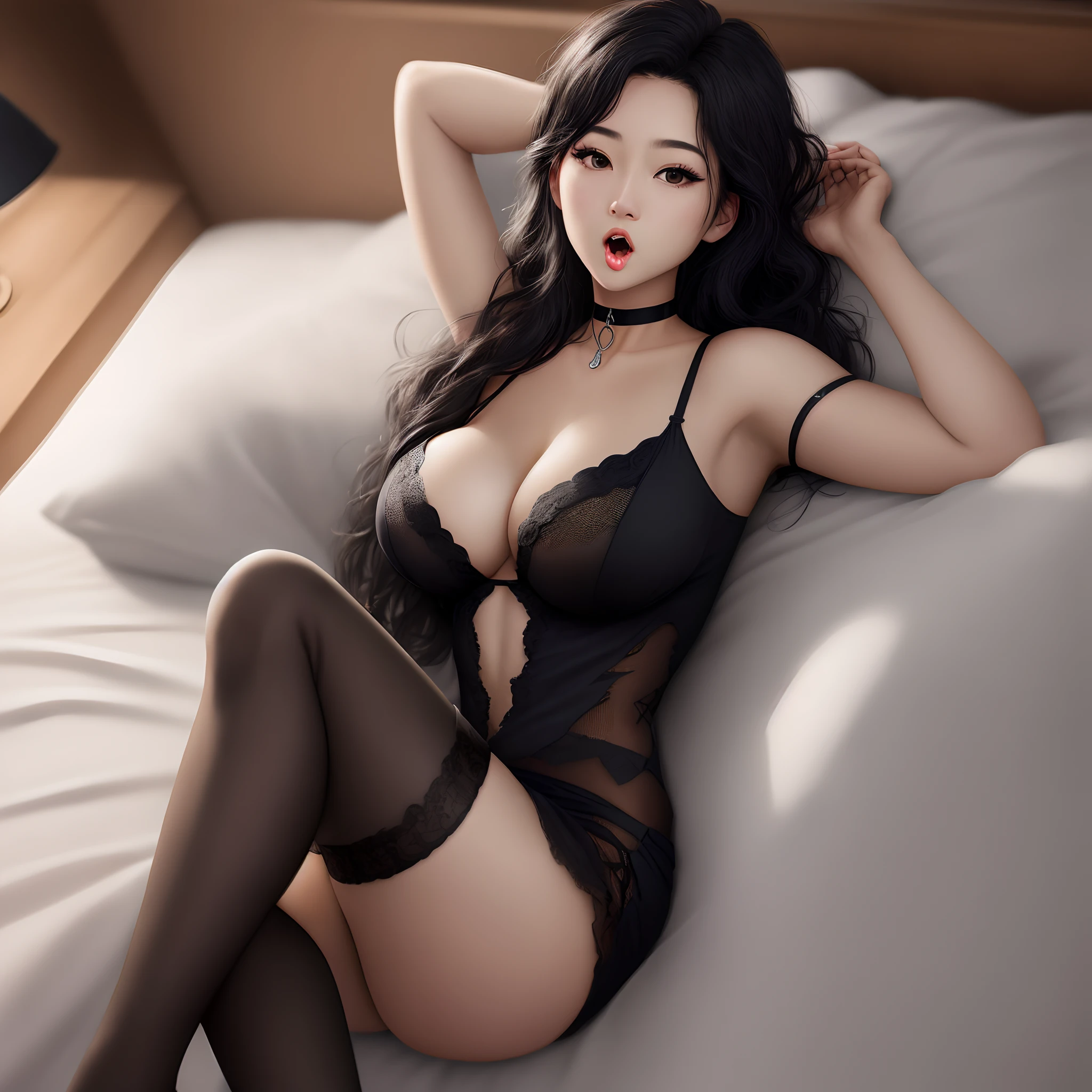 ((Realistic lighting、top-quality、8K、tmasterpiece:1.3))、Clear focus:1.2、1girl in、Flawless beauty:1.4、Slim abs:1.1、((cabelos preto e longos、Colossal tits:1.4))、(Torn dress:1.3、Black Full Leg Stockings:1.2、Mesh black panties)、(outside of house、natta:1.1)、Super fine face、Narrow-eyed、二重まぶた、Put your hands on your head、(whole body lying in bed:1.2)、toward to the camera、 Legs open、(tmasterpiece)、(top-quality)、Solo dancer、(larynx)、(saliva)、((Breathless))、(The mouth cap hangs down)、(Very wide open mouth)、closeup cleavage、Black long hair、a black choker
