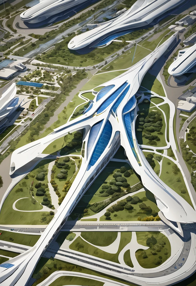 an aerial view of a large airport with a lot of airplanes, no futuro telhado do aeroporto, Directed by: Zha Shibiao, aeroporto, Zaha Hadid Arquitetura, arquitetura de estilo zaha hadid, inspirado em Zha Shibiao, Pequim, Tilt Shift Zaha Hadid Fundo, no estilo de zaha hadid arquiteto, por zaha hadid, spaceport, artistic rendering, inspirado em Zaha Hadid