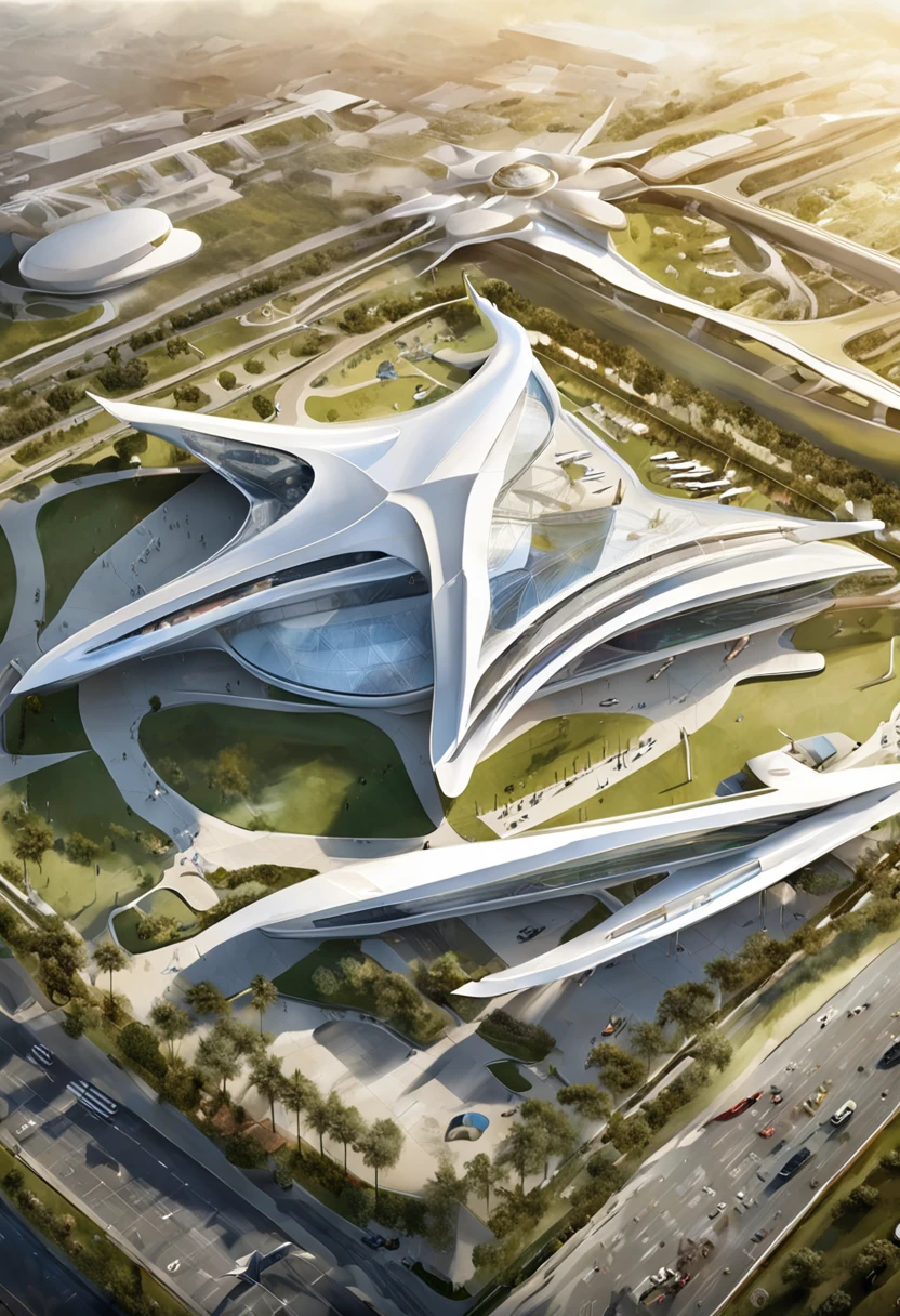 an aerial view of a large airport with a lot of airplanes, no futuro telhado do aeroporto, Directed by: Zha Shibiao, aeroporto, Zaha Hadid Arquitetura, arquitetura de estilo zaha hadid, inspirado em Zha Shibiao, Pequim, Tilt Shift Zaha Hadid Fundo, no estilo de zaha hadid arquiteto, por zaha hadid, spaceport, artistic rendering, inspirado em Zaha Hadid