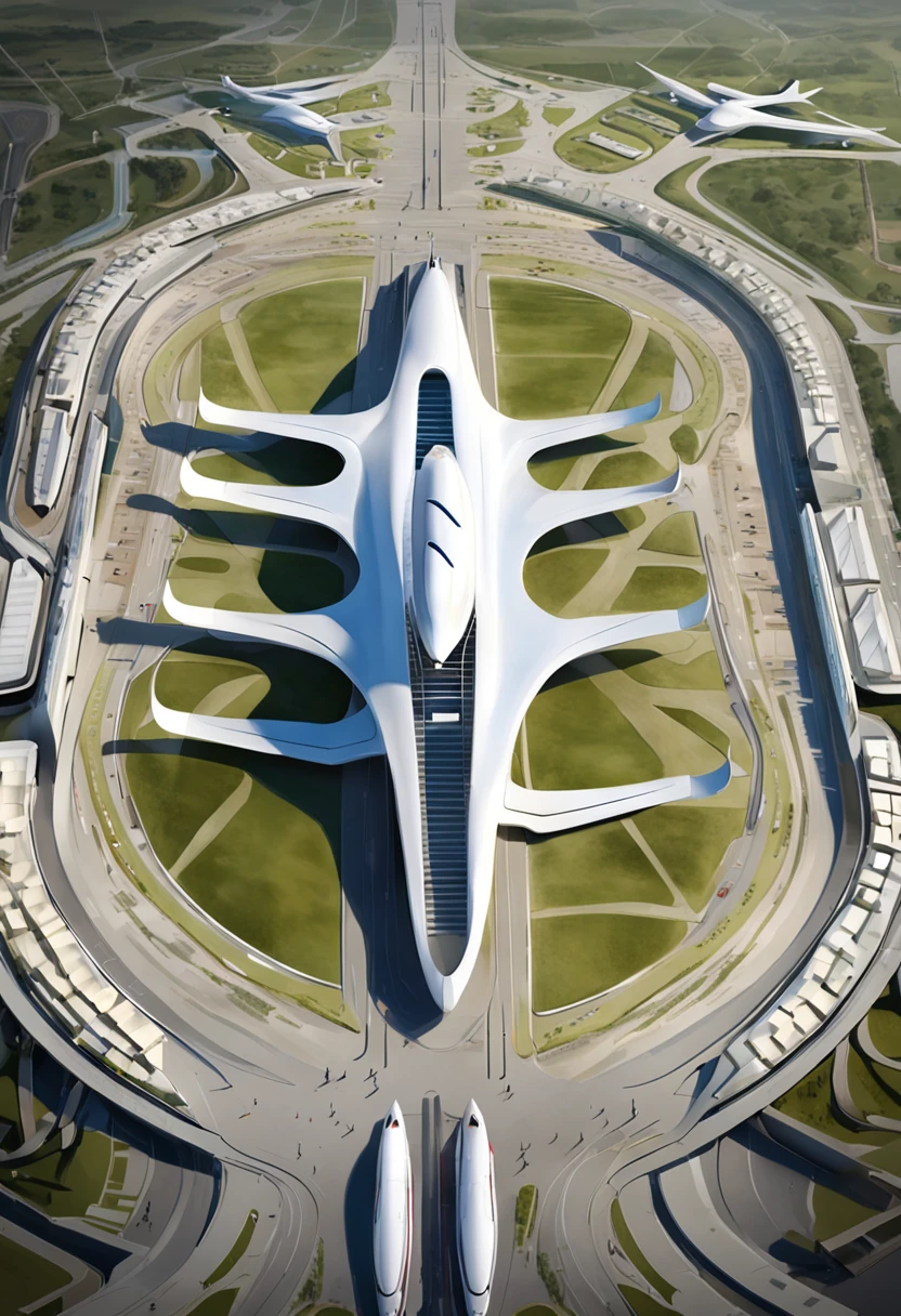 an aerial view of a large airport with a lot of airplanes, no futuro telhado do aeroporto, Directed by: Zha Shibiao, aeroporto, Zaha Hadid Arquitetura, arquitetura de estilo zaha hadid, inspirado em Zha Shibiao, Pequim, Tilt Shift Zaha Hadid Fundo, no estilo de zaha hadid arquiteto, por zaha hadid, spaceport, artistic rendering, inspirado em Zaha Hadid