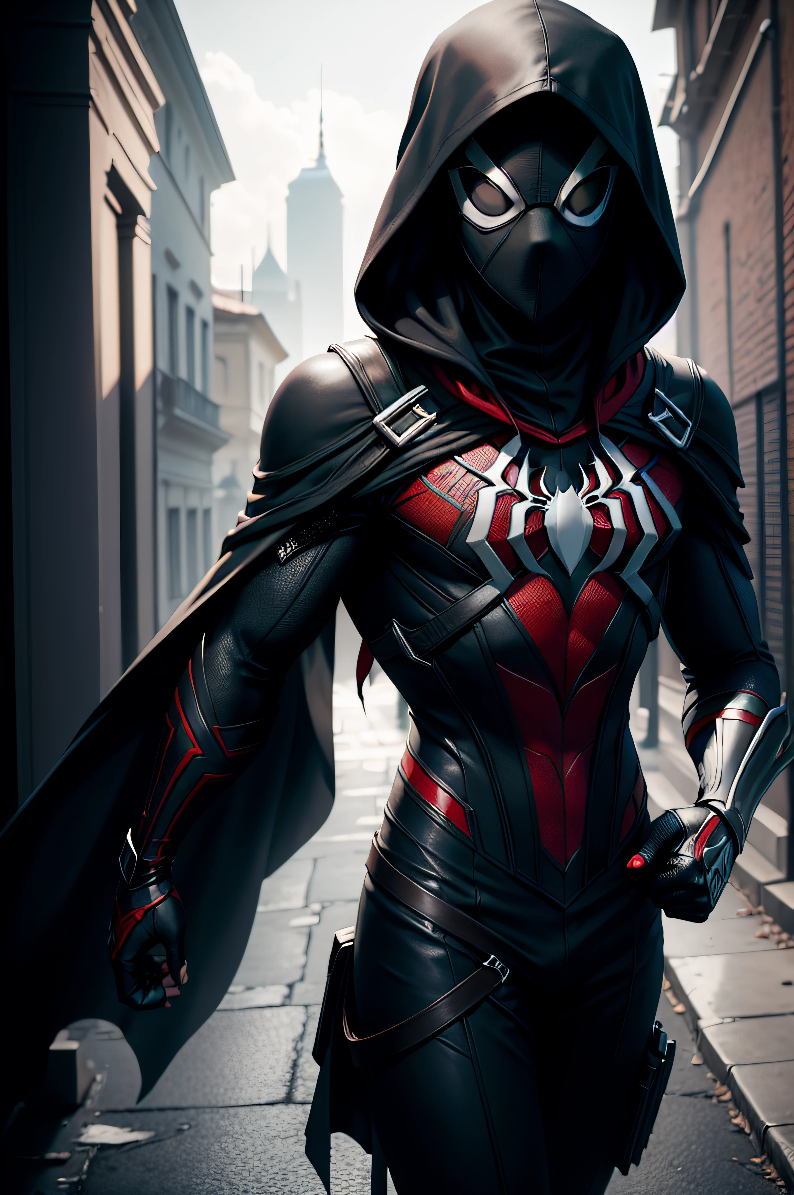 assassin's Creed pointy black hood spider-man 2099, black head, Minimalist plain white lower body suit, black mask, black shoulders, small red neon LED details, male spider-gwen ghost-spider influences, showing brunette hair, photorealistic, volumetric lighting, photography, cinematic, 8k, MCU superhero movie aesthetic --ar 2:3 --v 5.2 --s 450 --q 2