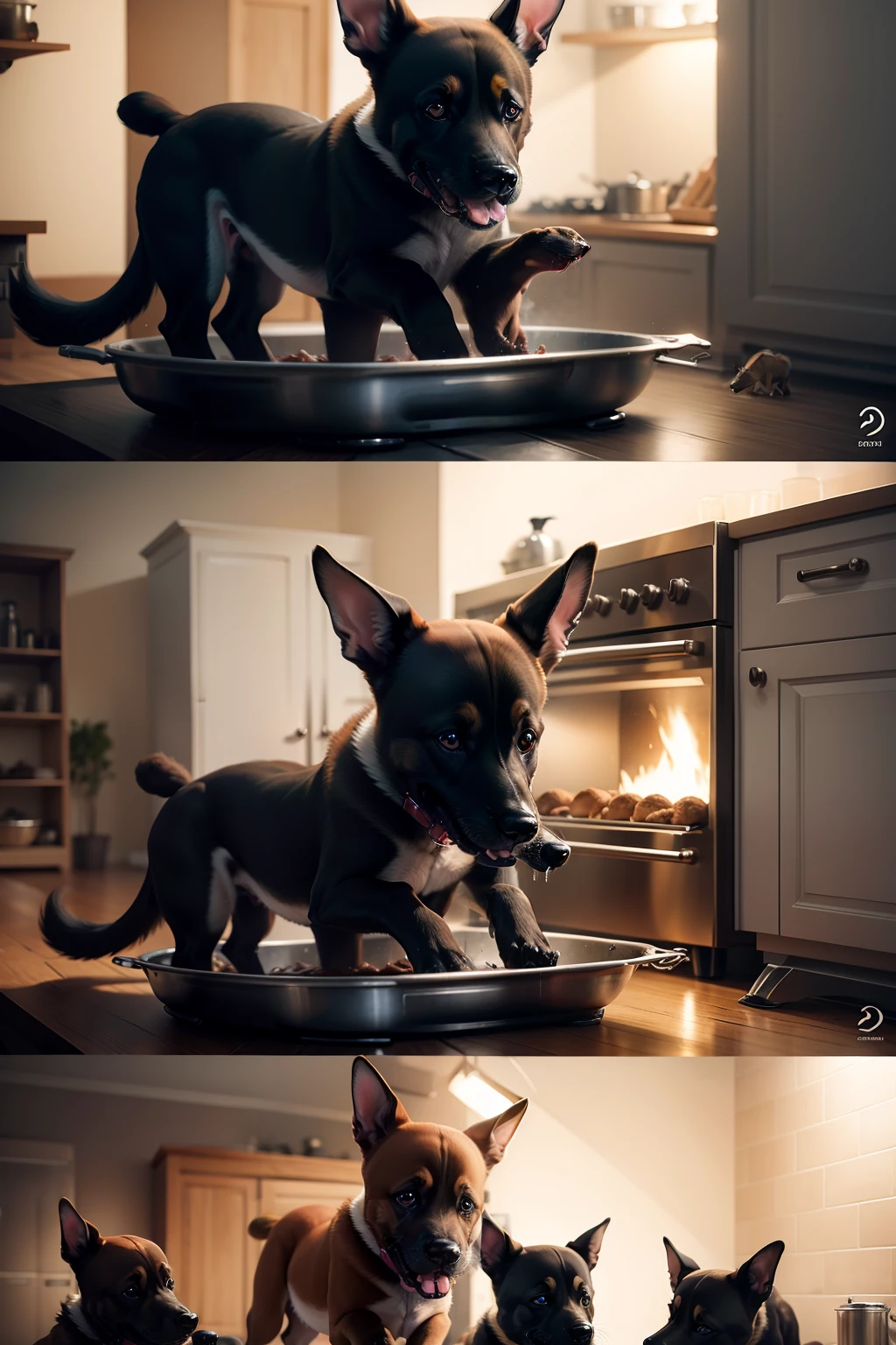 Malinois dog cooking in the kitchen with malinois puppies mass around, Realistic, realistic photos,--AR --RW