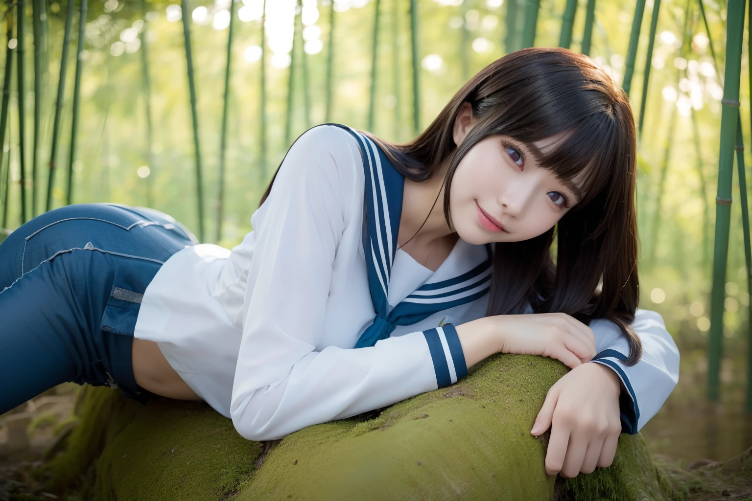 a pregirl，mediuml breasts，ssmile, looking at viewert, sailor uniformm,skintight jeans，photore, realisticlying, Best quality at best, employee, 详细的脸，Lying on a large mossy stone in a bamboo forest， diffuselighting, depth of fields