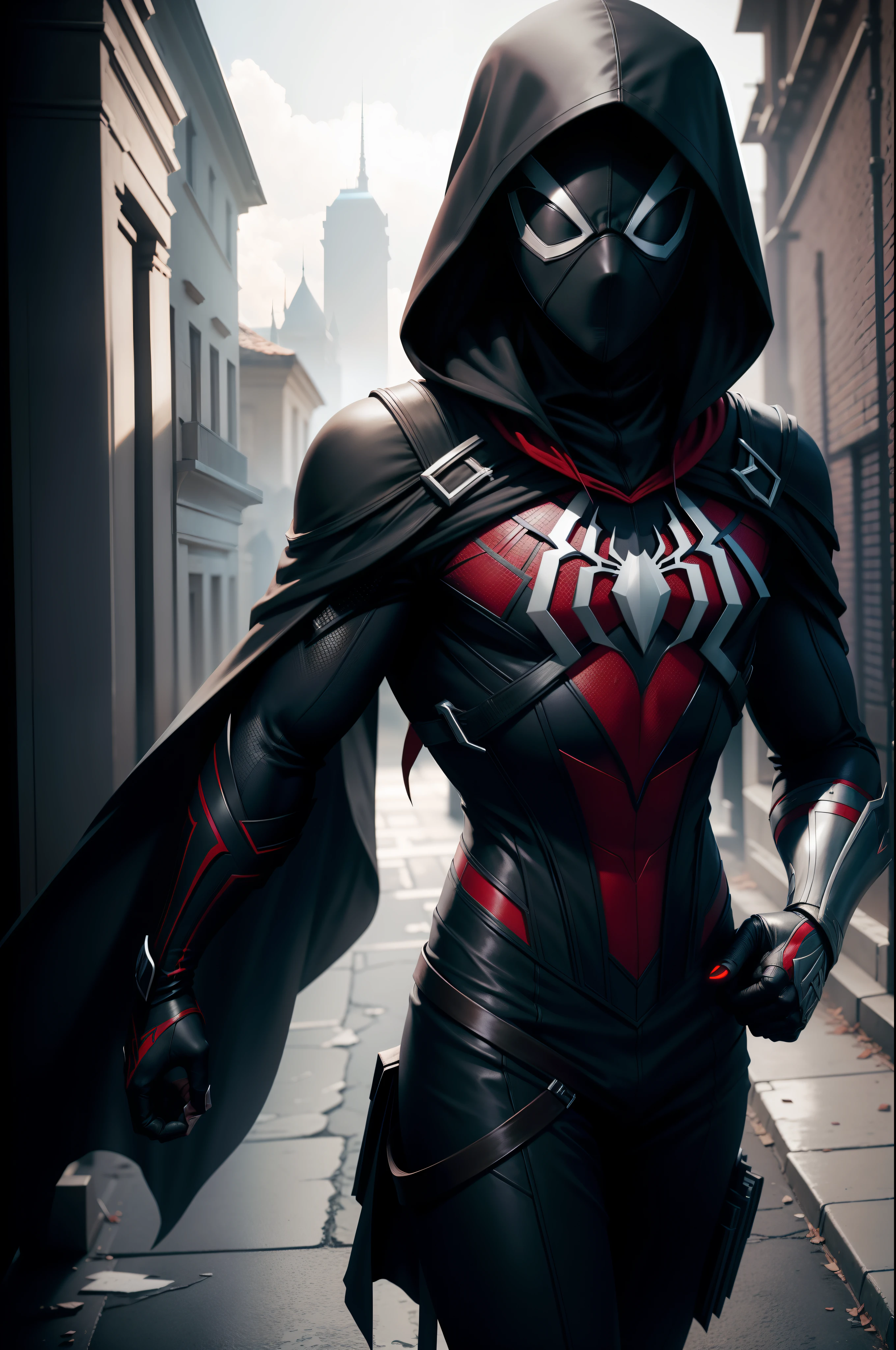 assassin's Creed pointy black hood spider-man 2099, black head, Minimalist plain white lower body suit, black mask, black shoulders, small red neon LED details, male spider-gwen ghost-spider influences, showing brunette hair, photorealistic, volumetric lighting, photography, cinematic, 8k, MCU superhero movie aesthetic --ar 2:3 --v 5.2 --s 450 --q 2