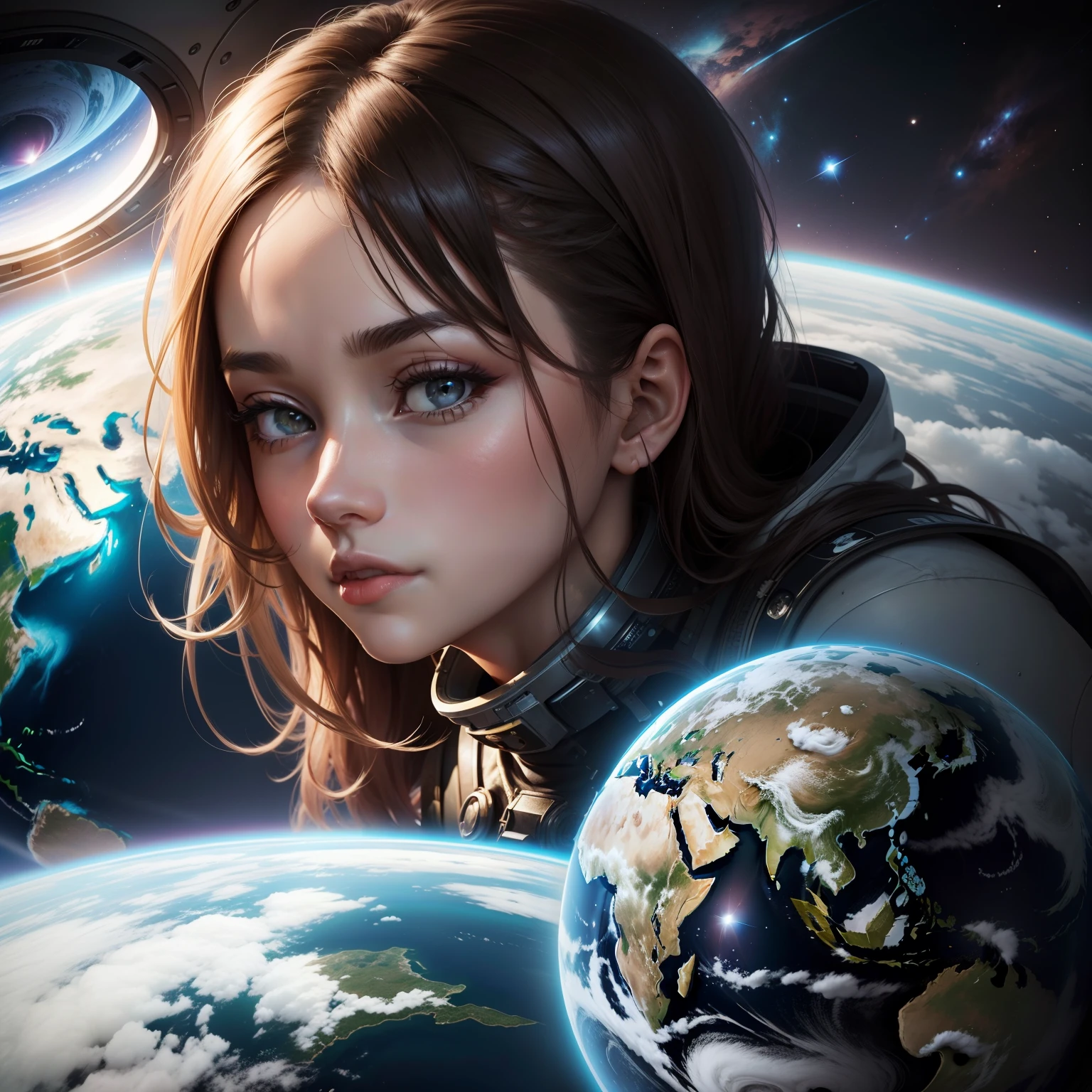 A beautiful woman is looking at the earth in space。
