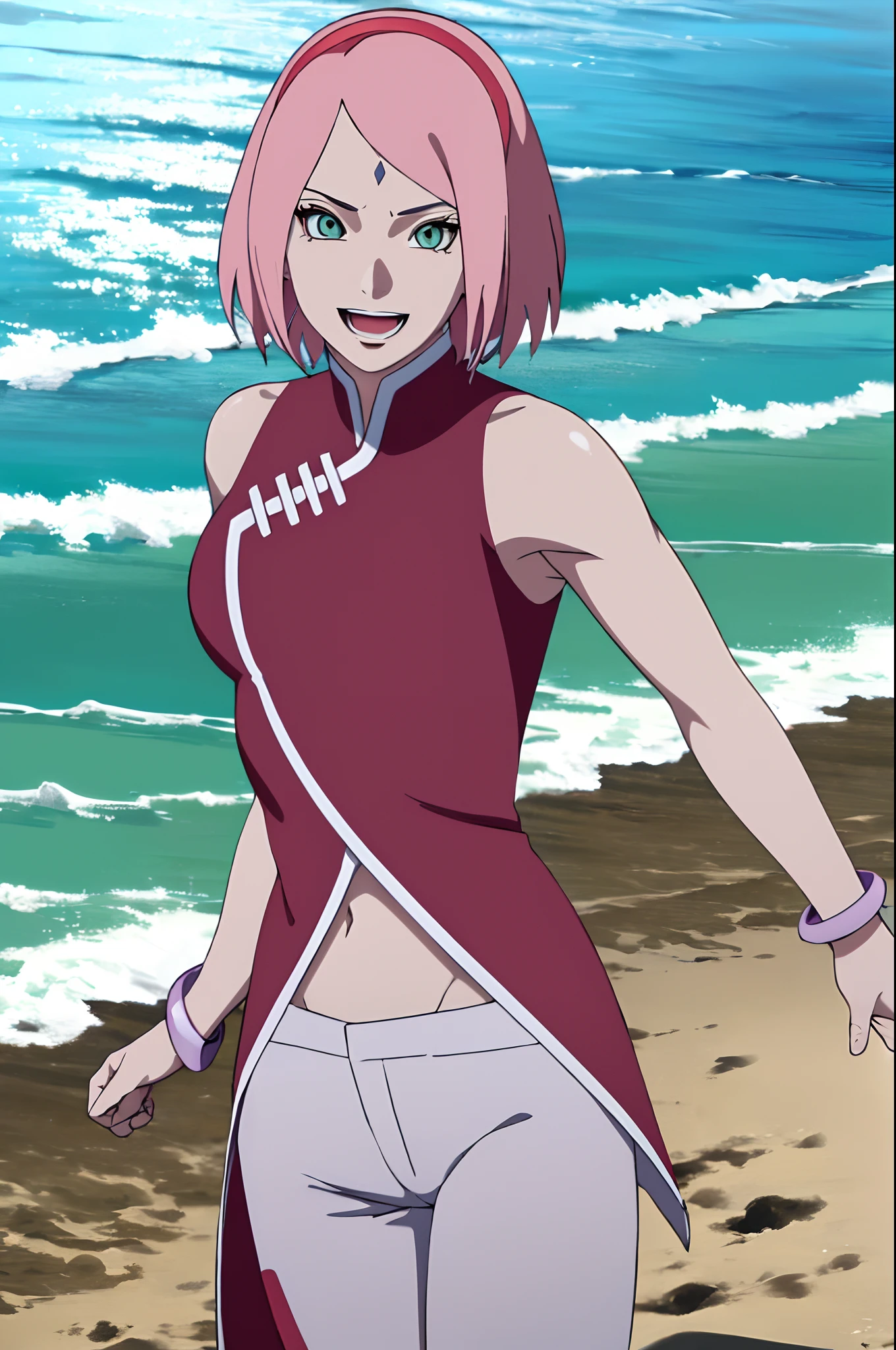 masterpiece, 1k, portrait, face shot, professional artwork, detailed beach background, intricate details, colorful, digital blending, (ultra detailed body, ultra detail hair, ultra detail face), trending on pixiv, kind smile, very hot color, best quality, anime style: 1.9, 1girl, hires, haruno sakura, (forehead mark, milf, red hairband, pale skin, short hair, ((red sleeveless dress), white pants), navel, groin, bracelet, pink hair, (ultra detailed green eyes), smile, beach, wind, floating hair, detailed arms, off-shoulders, slightly muscular arms, (dirty armpits), standing)