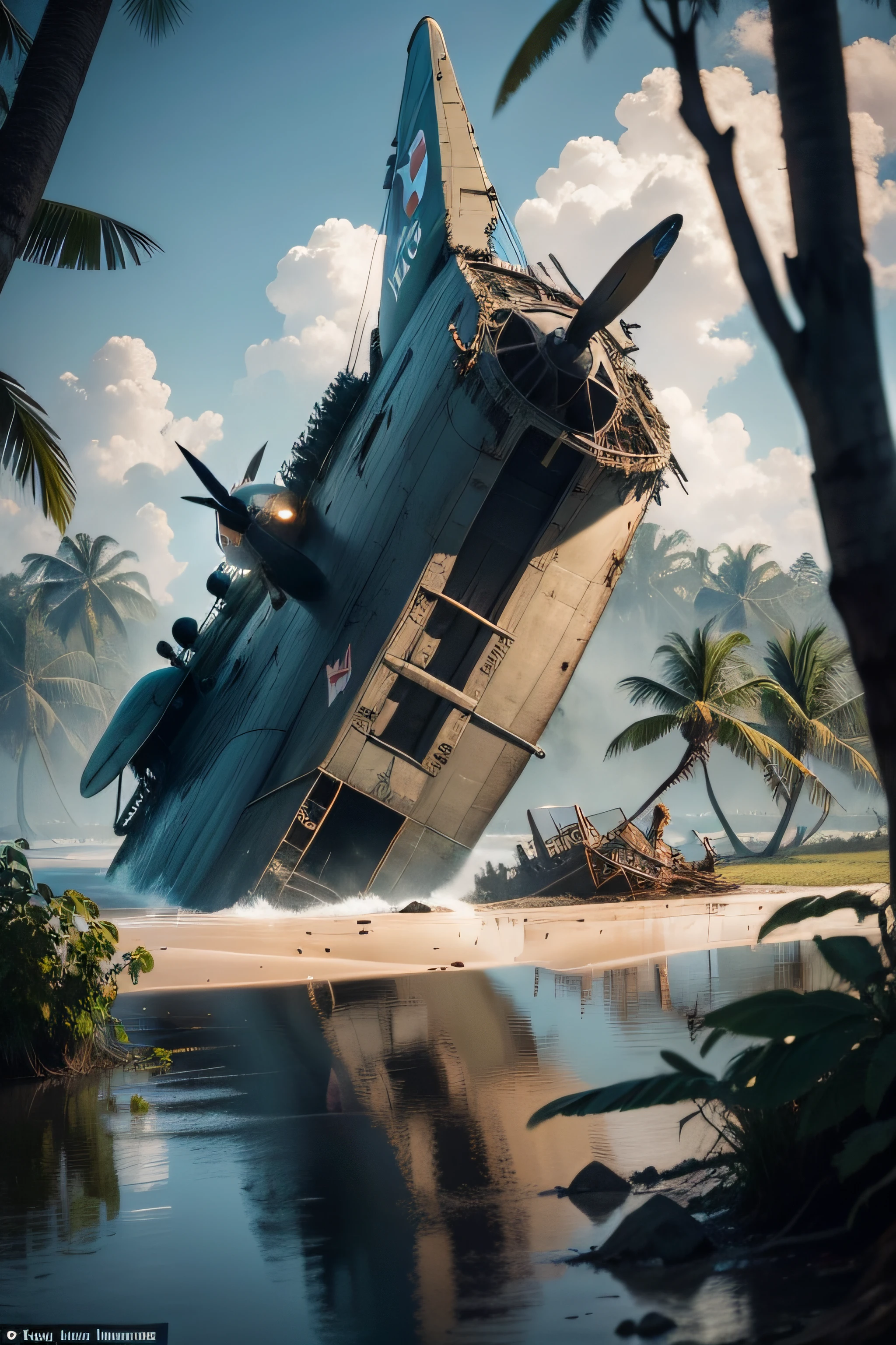 (Valor:pt) A WW2 cargo plane is destroyed in a tree on a swampy island with a makeshift camp made from the plane's parts. Uma atmosfera sombria e misteriosa engloba a cena, destacada pela luz fraca do fim da tarde.