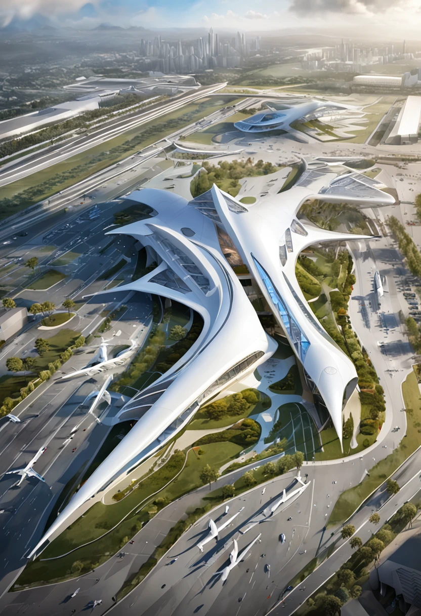 an aerial view of a large airport with a lot of airplanes, no futuro telhado do aeroporto, Directed by: Zha Shibiao, aeroporto, Zaha Hadid Arquitetura, arquitetura de estilo zaha hadid, inspirado em Zha Shibiao, Pequim, Tilt Shift Zaha Hadid Fundo, no estilo de zaha hadid arquiteto, por zaha hadid, spaceport, artistic rendering, inspirado em Zaha Hadid