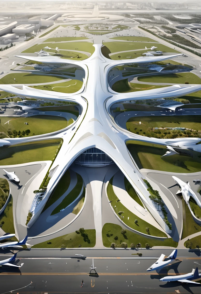 an aerial view of a large airport with a lot of airplanes, no futuro telhado do aeroporto, Directed by: Zha Shibiao, aeroporto, Zaha Hadid Arquitetura, arquitetura de estilo zaha hadid, inspirado em Zha Shibiao, Pequim, Tilt Shift Zaha Hadid Fundo, no estilo de zaha hadid arquiteto, por zaha hadid, spaceport, artistic rendering, inspirado em Zaha Hadid