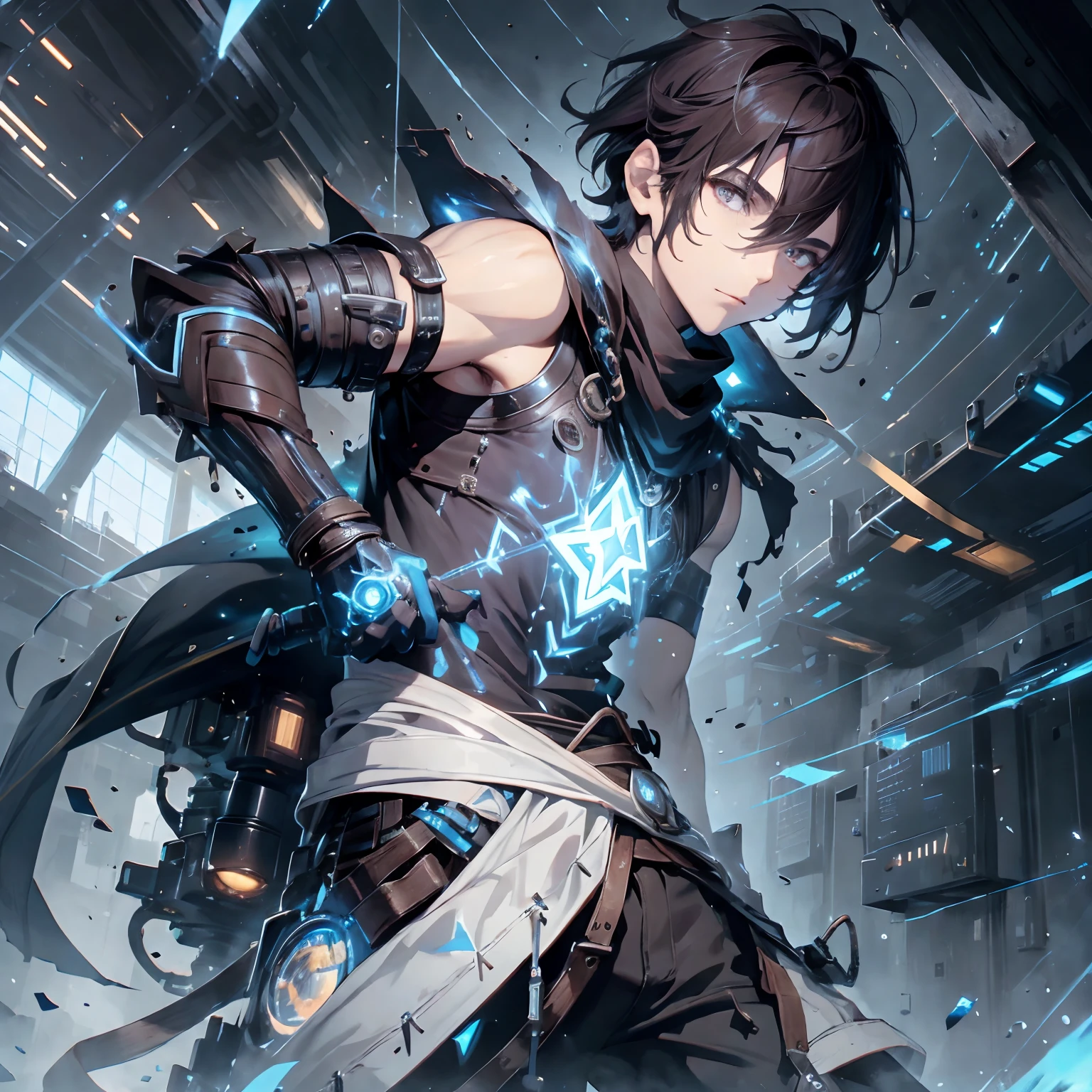 (absurdres, highres, ultra detailed), masterpiece, best quality, real light and shadow, solo, a boy with dark brown hair, sleeveless outfits, handsome, buff, finely eye, detailed face, detailed eye, scarf, blue clothes, white clothes, gray clothes, arm braces, futuristic technology, from below, look down, futuristic earpiece,futuristic city, swirl, spark, lightning ground, superhero landing shot, BREAK, dark brown eyes