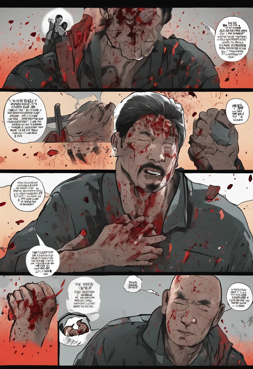 A Chinese man, It hurts, It hurts, Fall on the battlefield, He had blood on his face. There was an explosion,The dark ground was littered with rubble. The face of a 50 year old man. face of pain. short hair. Men are miserable.