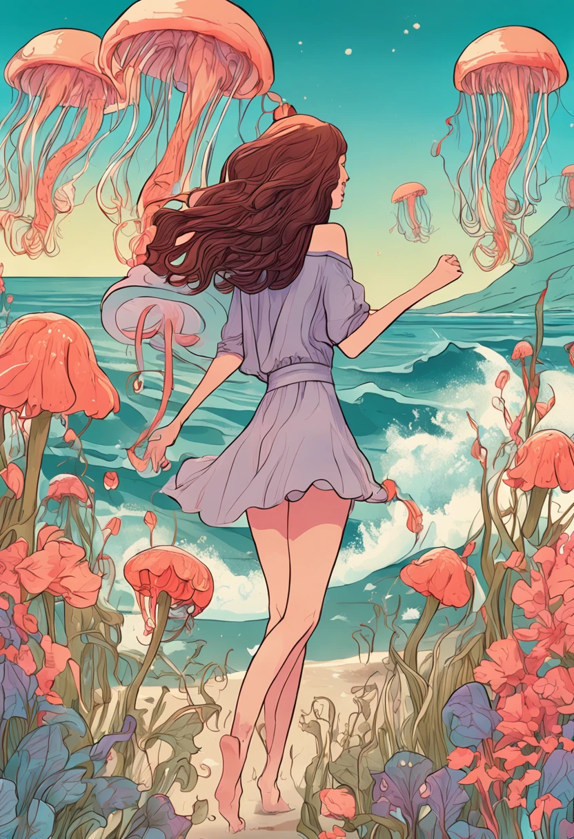 Hay Illustration Girls Jellyfish Flowers Waves Beautiful Legs Toes