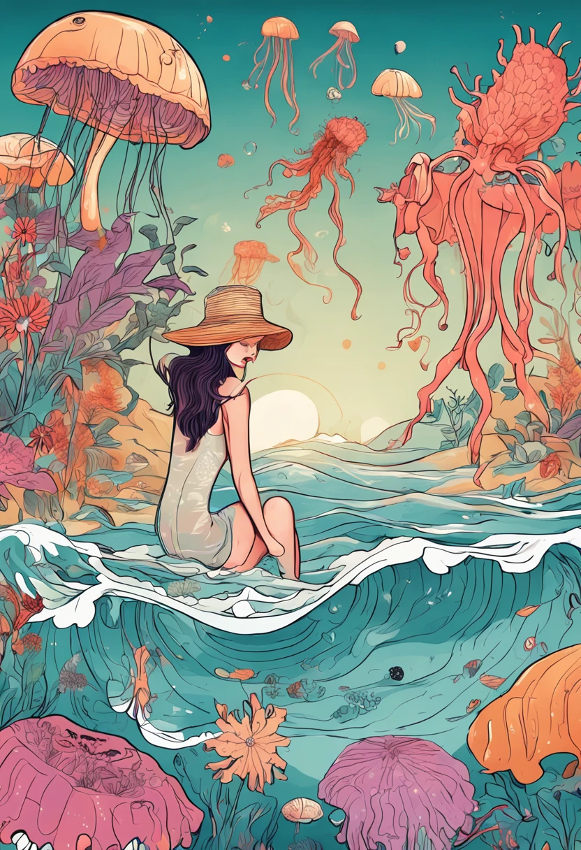 Hay Illustration Girls Jellyfish Flowers Waves Beautiful Legs Toes