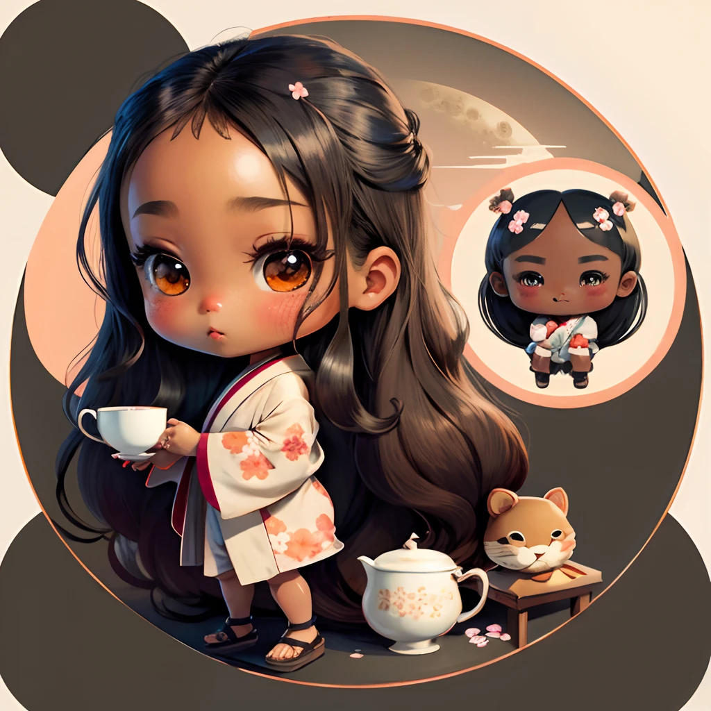 Cute brown skinned chibi anime, grey kimono, drink tea, straight long black hair, in a frame, drink hot tea, cherry blossom, logo, black thick platform sandals, circle frame background, moon, freckles on face,
