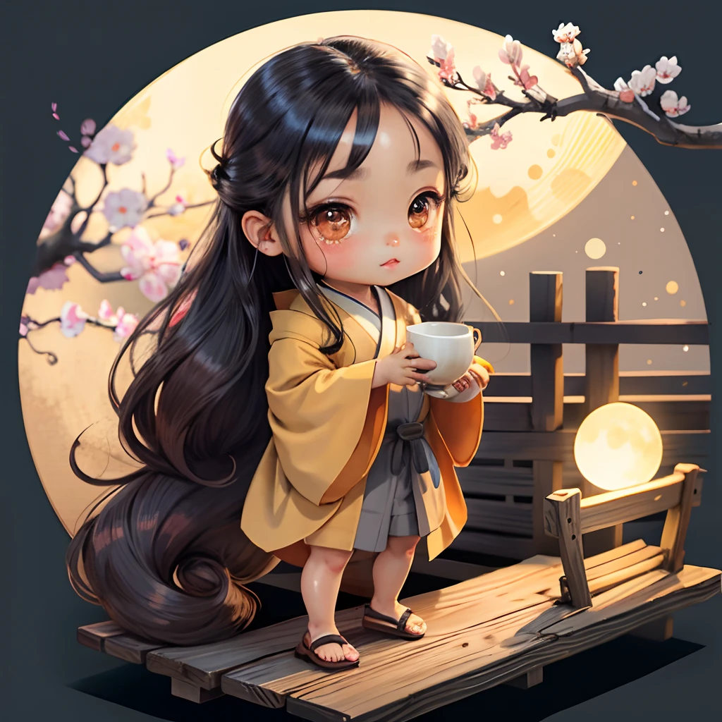 Cute brown skinned  chibi anime, grey kimono, drink tea, straight long black hair, in a frame, drink hot tea, cherry blossom, logo, black thick platform sandals, circle frame background, moon, freckles on face,