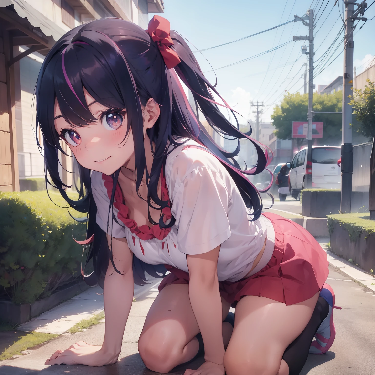 absurderes、ultra - detailed、tmasterpiece、top-quality、Break、offcial art、(aestheticly pleasing:1.2)、(watercolor paiting:curly)、Break、Demon Pretty Girl 1.2、a beauty girl、(kawaii:⒈3)、、Break、Colorful hair、Splash、(Blue and pink hair mixed together:1.2)、(フラクタルアート1.3)、Break、Cat's ears、A sexy、(Cat gloves、Fluffy hands)、Break、Like a cat's paw、Short socks、human - shaped、Break、A white bikini、Break、Red-eyed、Break、From the side Side、looki at viewer、Break、Concert、Break、Live streaming、Break、Shyness、Tension、Red blush、Happy smiling face、Break、Showa gravure、Break、Kneeling、Break、