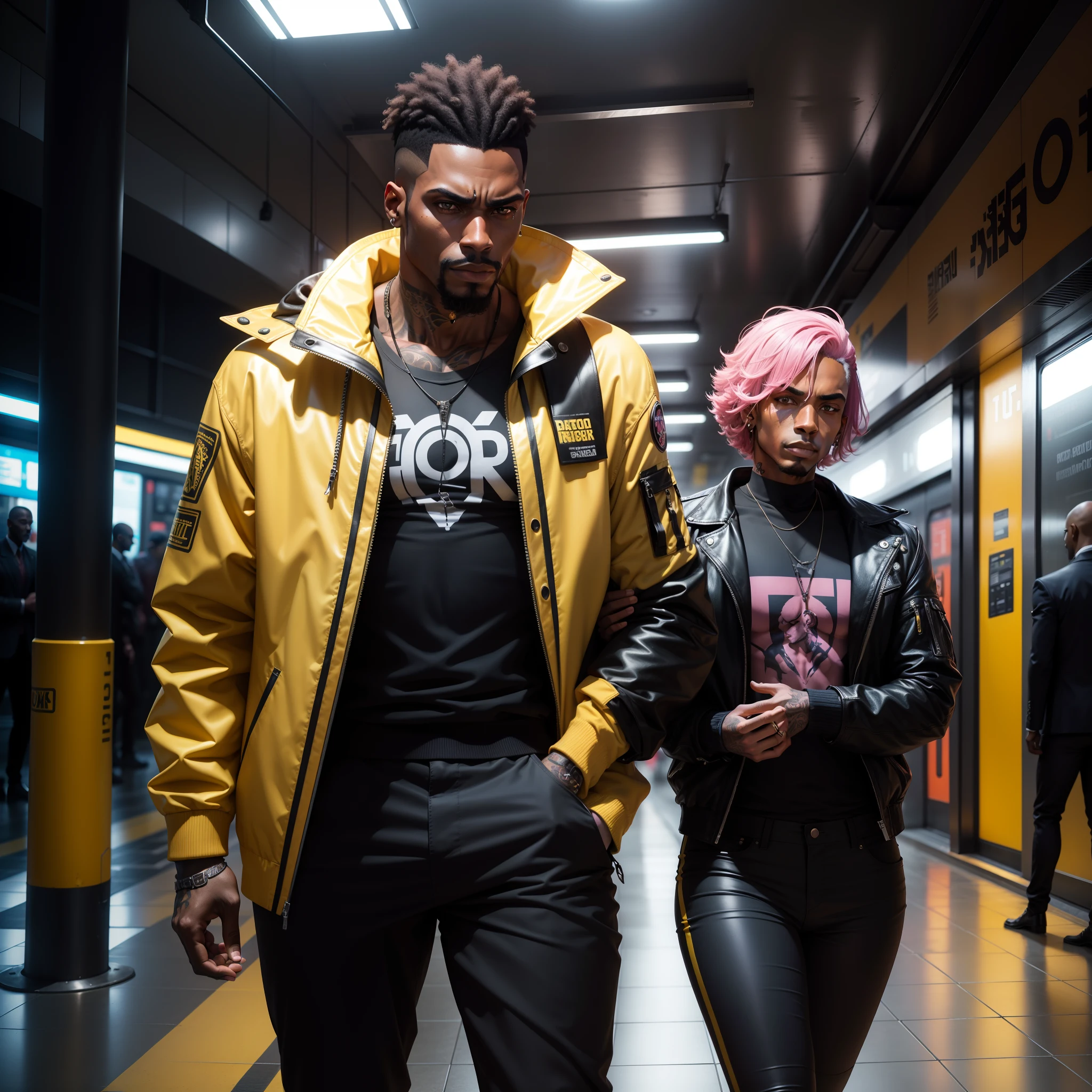 I'd like a cyberpunk style image in 4k average photo of two black characters ,30 anos de idade,,africano, forte, musculoso,Bodybillder,muito forte de pele negra ,barba grande,barba, Estiloso Barbon,com cabelo punk estilo anos 80 na cor amarelo e cinza escuro,muito eLegante,, futurista e estiloso neon , com uma tatuagem super colorida e com neon ,Toattoo, facing a metro station on the platform , with station lights failing in a dimly lit environment, standing dressed in a dark yellow suit with a pink bow tie and baggy shirt.