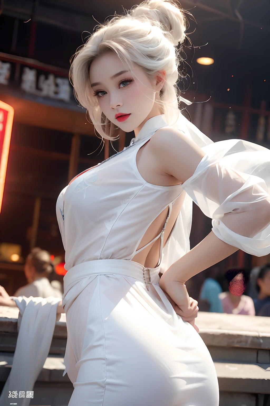 realisticlying, A high resolution, 1 rapariga, White color hair, korean people, eBlue eyes, The transparent cheongsam is flying，Sheer tight-fitting garments，Beads of sweat dripped down the buttocks，Large chest，Wide buttock， your ass，Butt visible，Visible on the back，buttocks visible，Ass pouted，wide wide shot，Cinema lenses，The skin glows，space ship，