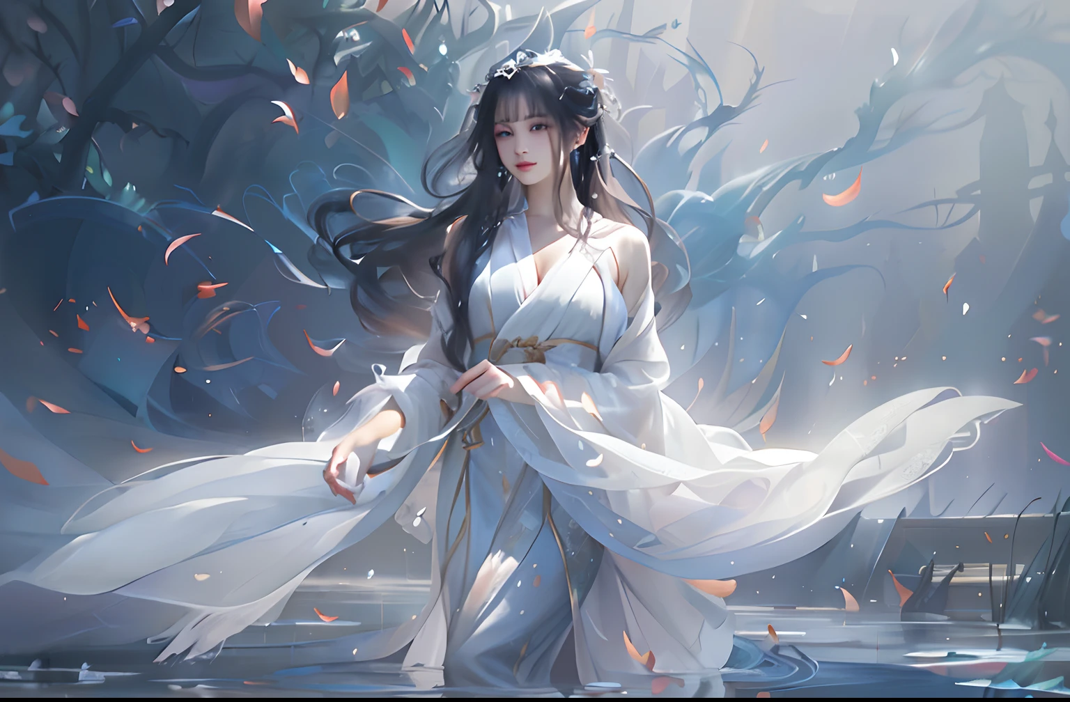 Anime girl in white dress with flowing hair and flowing dress - SeaArt AI