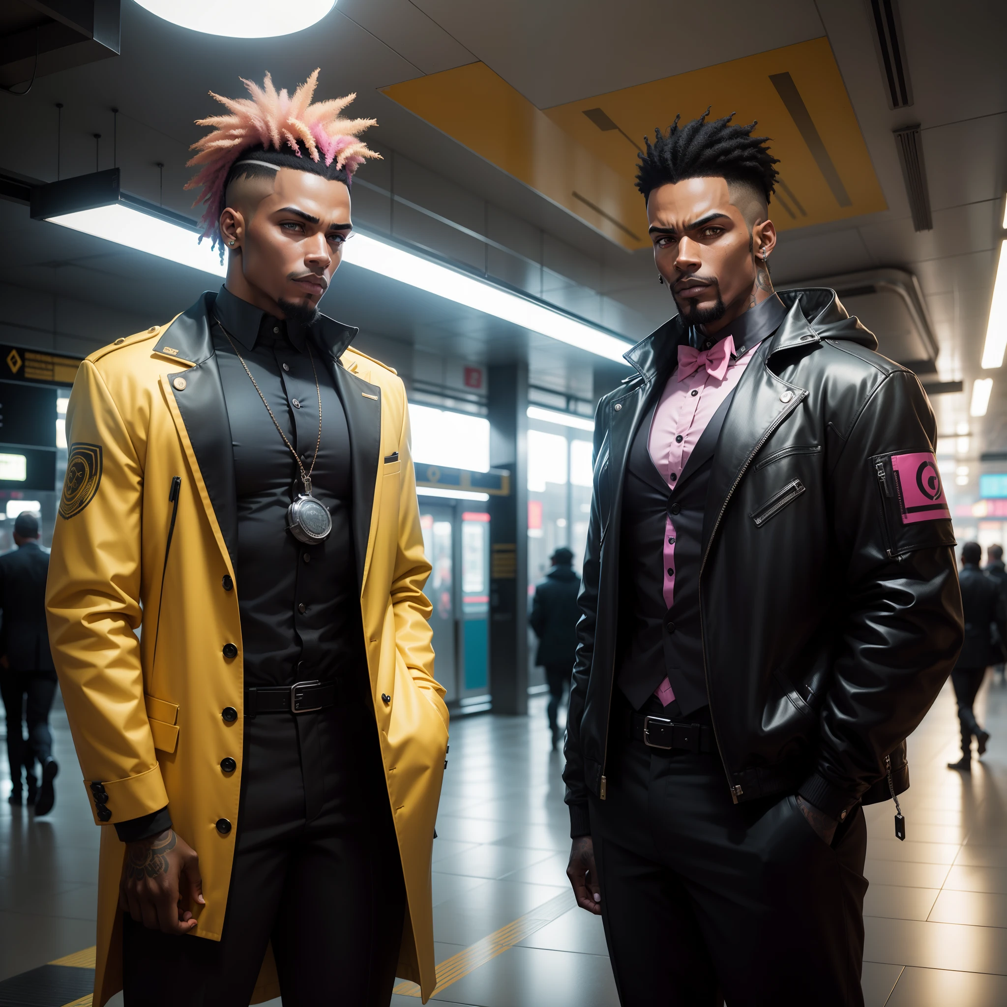I'd like a cyberpunk style image in 4k average photo of two black characters ,30 anos de idade,,africano, forte, musculoso,Bodybillder,muito forte de pele negra ,barba grande,barba, Estiloso Barbon,com cabelo punk estilo anos 80 na cor amarelo e cinza escuro,muito eLegante,, futurista e estiloso neon , com uma tatuagem super colorida e com neon ,Toattoo, facing a metro station on the platform , with station lights failing in a dimly lit environment, standing dressed in a dark yellow suit with a pink bow tie and baggy shirt.