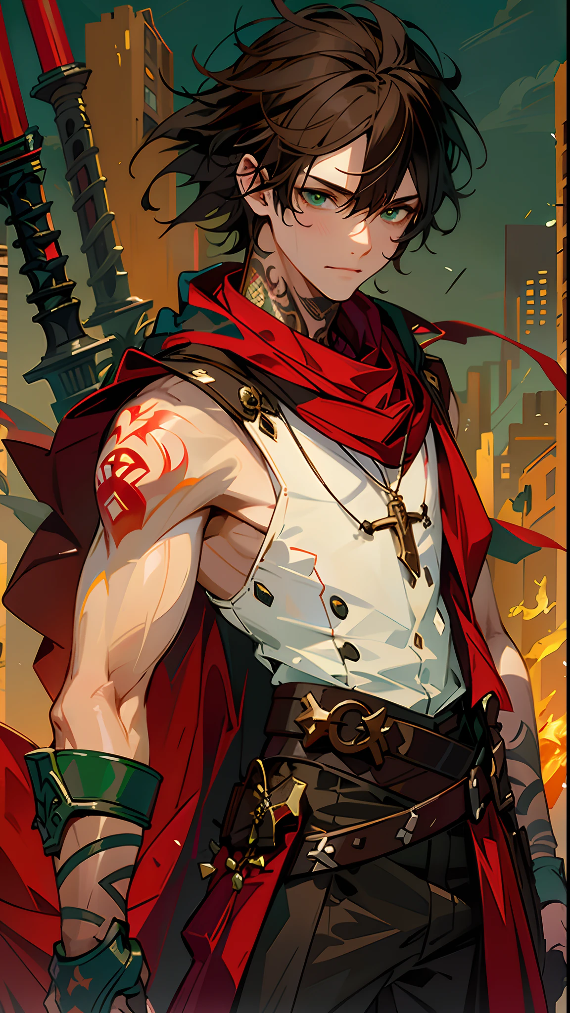 (absurdres, highres, ultra detailed), masterpiece, best quality, solo, dark brown hair, slightly wavy hair, boy, 19 years old, half-elfic, composed, slightly wavy hair, intense green eyes, a confident and composed expression. Beautiful face, white skin, dungeons and dragons, rpg, half-elfic, ((red sleeveless outfit)), black scarf, carry two swords, tattoo, from below, look down, ruined medieval city, dark background, swirl, spark, cg style
