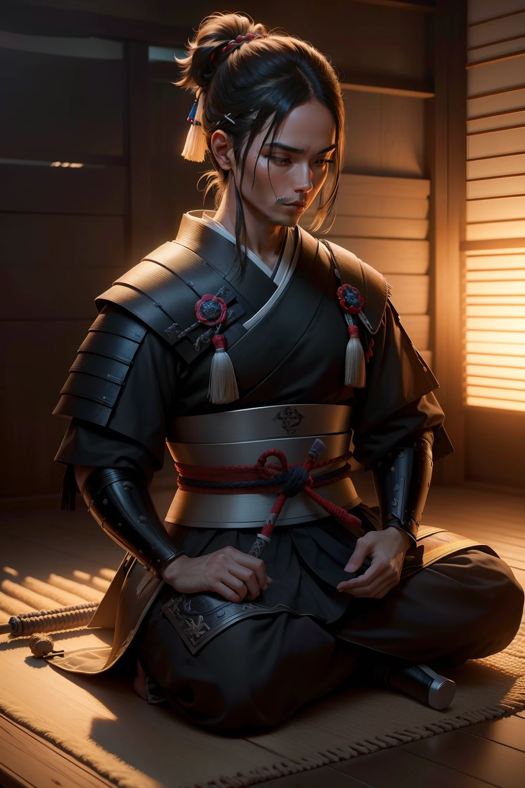 SAMURAI REALISTA MEDITANDO DE JOELHOS (obra-prima) (8k high resolution) (melhor qualidade) (Ultra Definition) (Ultra realista)(Foto RAW) (Foto realista) (bright illumination)