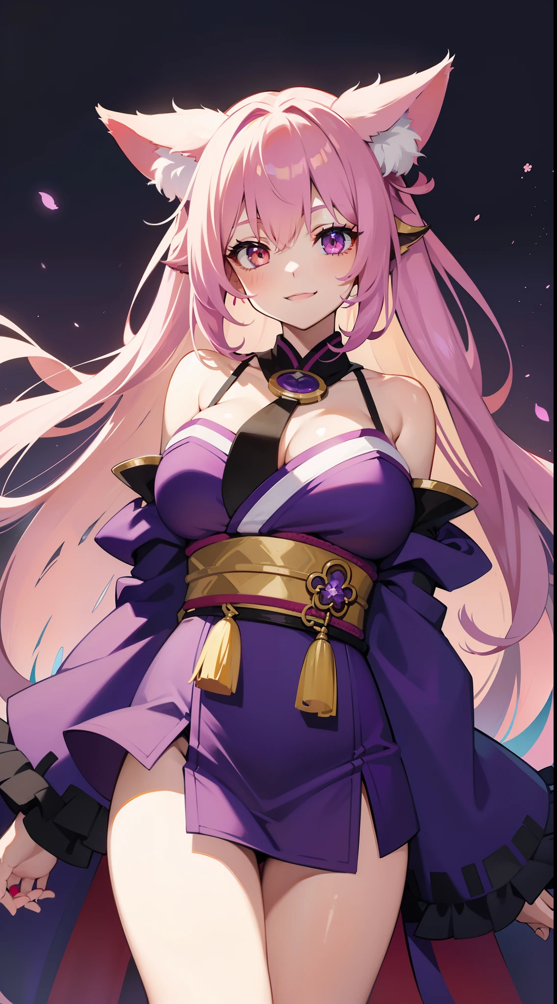 young girl, long pink hair, Fox ears, Heterochromia, left white and right purple eye, Purple kimono, open shoulders, Huge-breasts, Smile, Masterpiece, hiquality