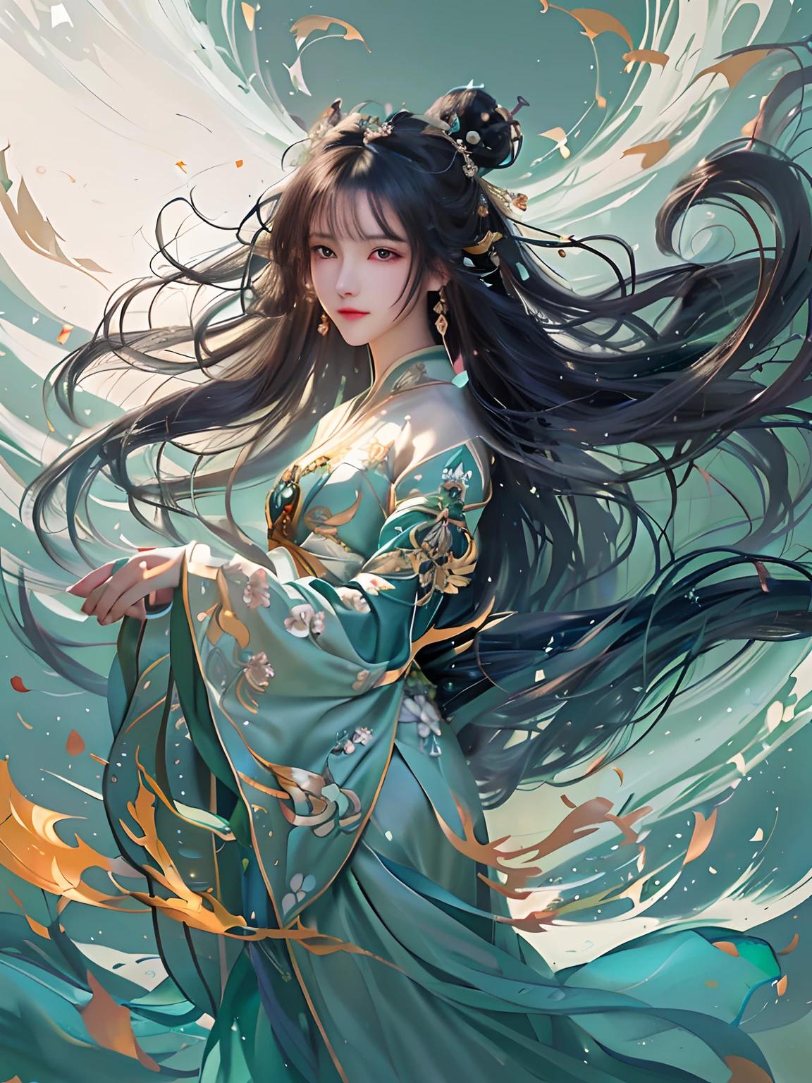 A woman in a green dress,long whitr hair,There is a flower on the hair, Beautiful character painting, flowing hair and long robes, a beautiful fantasy empress, by Yang J, Palace , A girl in Hanfu, ((a beautiful fantasy empress)), Beautiful young wind spirit, Fantasy art style, Beautiful digital artwork, Anime girl with long hair, A beautiful artwork illustration