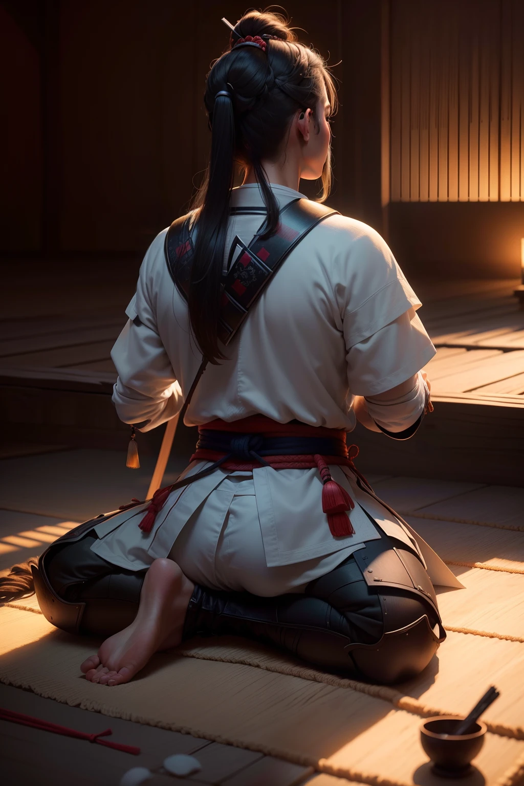 SAMURAI REALISTA MEDITANDO DE JOELHOS (obra-prima) (8k high resolution) (melhor qualidade) (Ultra Definition) (Ultra realista)(Foto RAW) (Foto realista) (bright illumination)