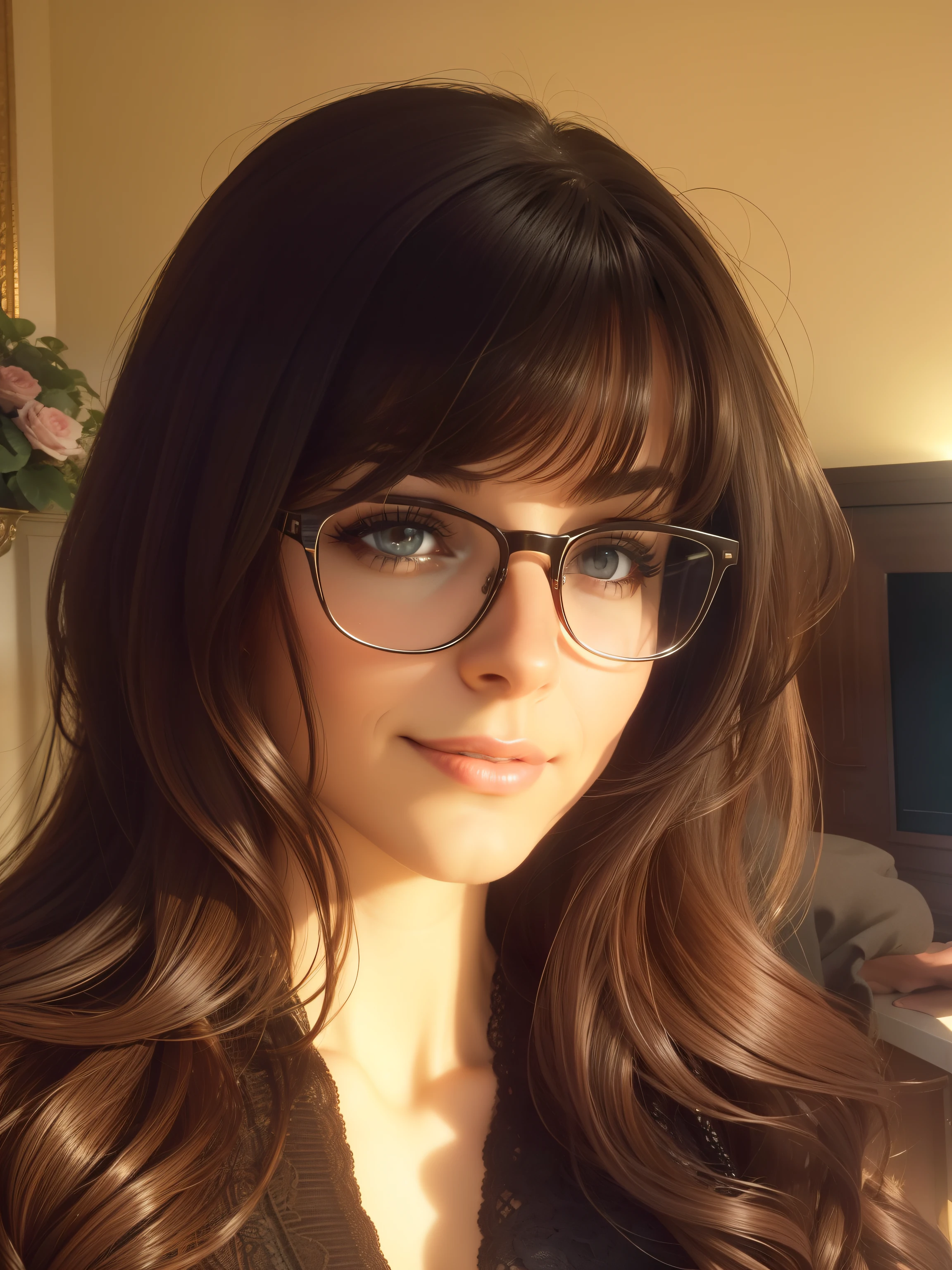 Beautiful Italian mom, dark brown hair, beautiful eyes, glasses, cinematic lighting, glamour shot, preserve facial features, HDR, full body, sexy pose, luxury mansion background, age 40,