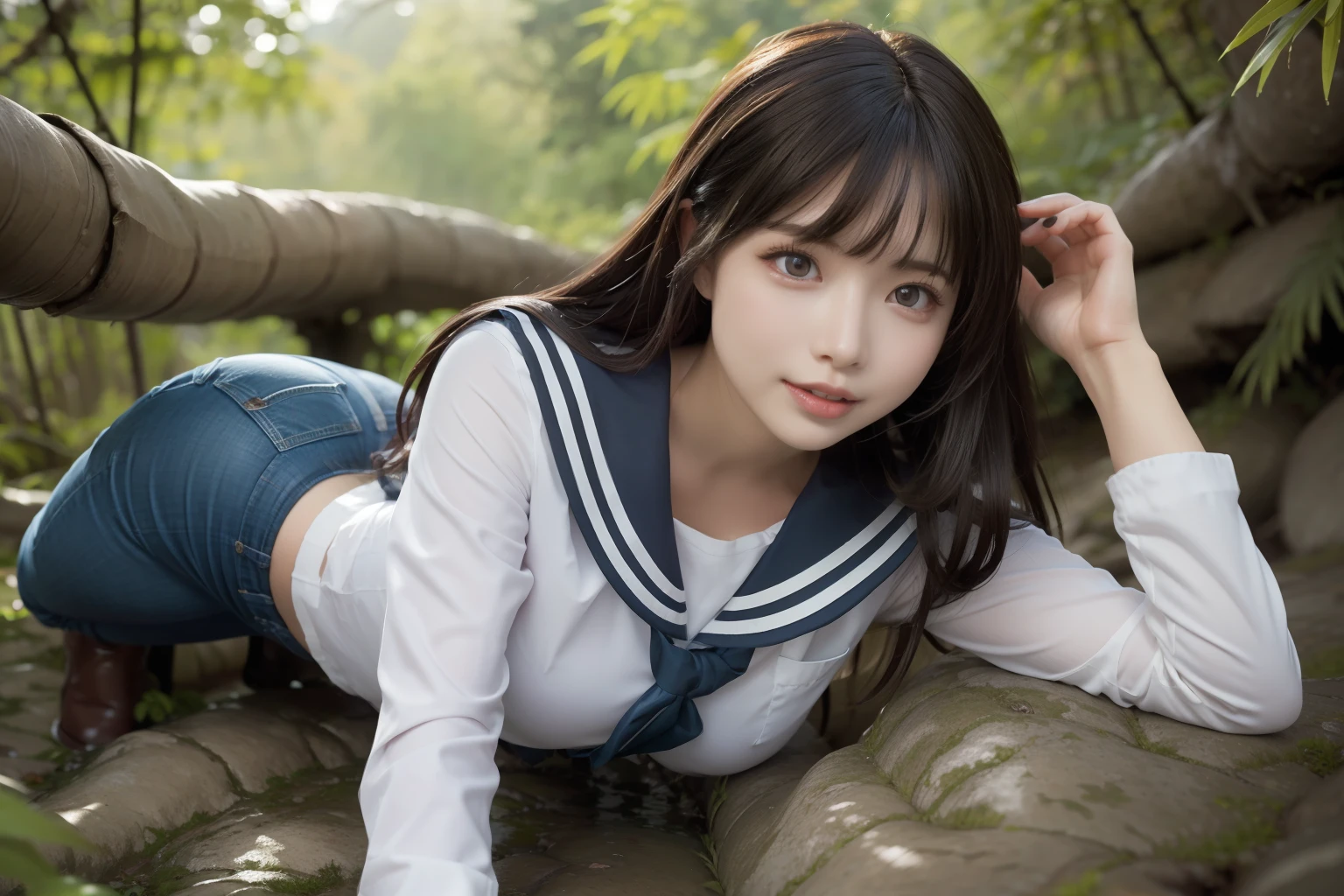 a pregirl，mediuml breasts，ssmile, looking at viewert, sailor uniformm,skintight jeans，photore, realisticlying, Best quality at best, employee, 详细的脸，Lying on a large mossy stone in a bamboo forest， diffuselighting, depth of fields