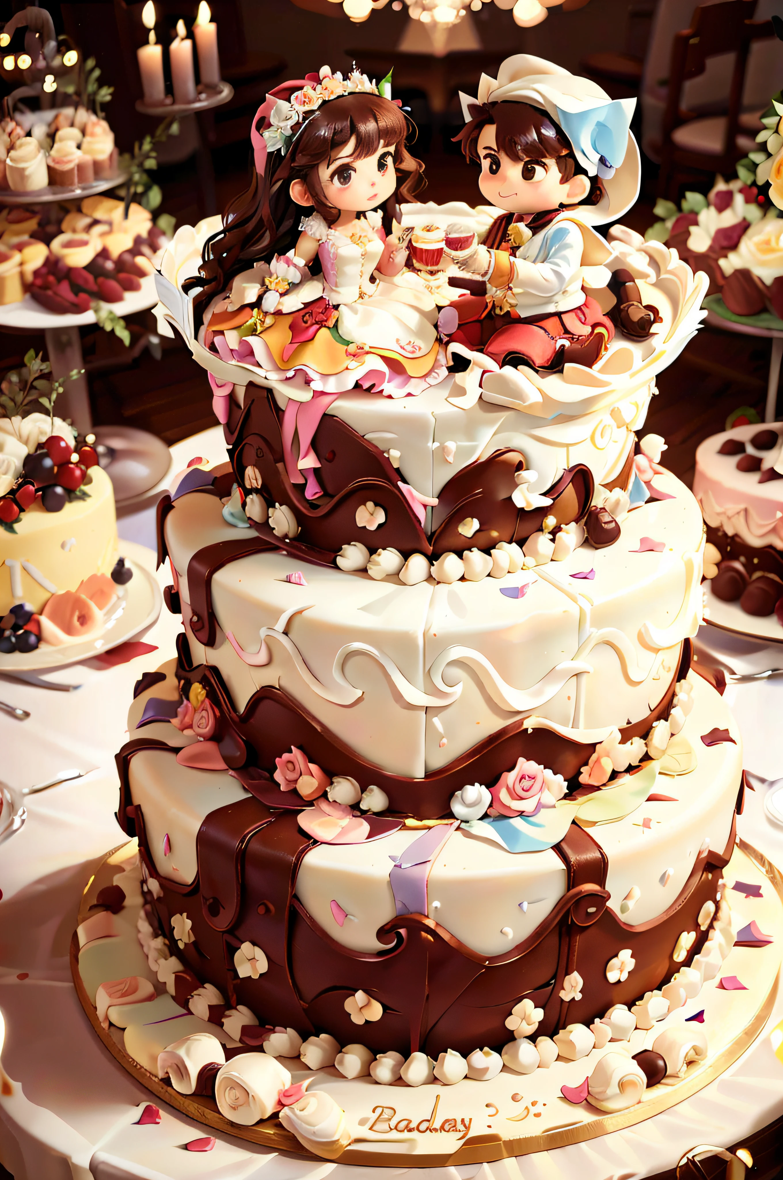 Wedding cake shape, (Cake style:1.2), (Masterpiece, Best quality), (A girl and a boy:0.3) Stand on the cake, full bodyesbian
