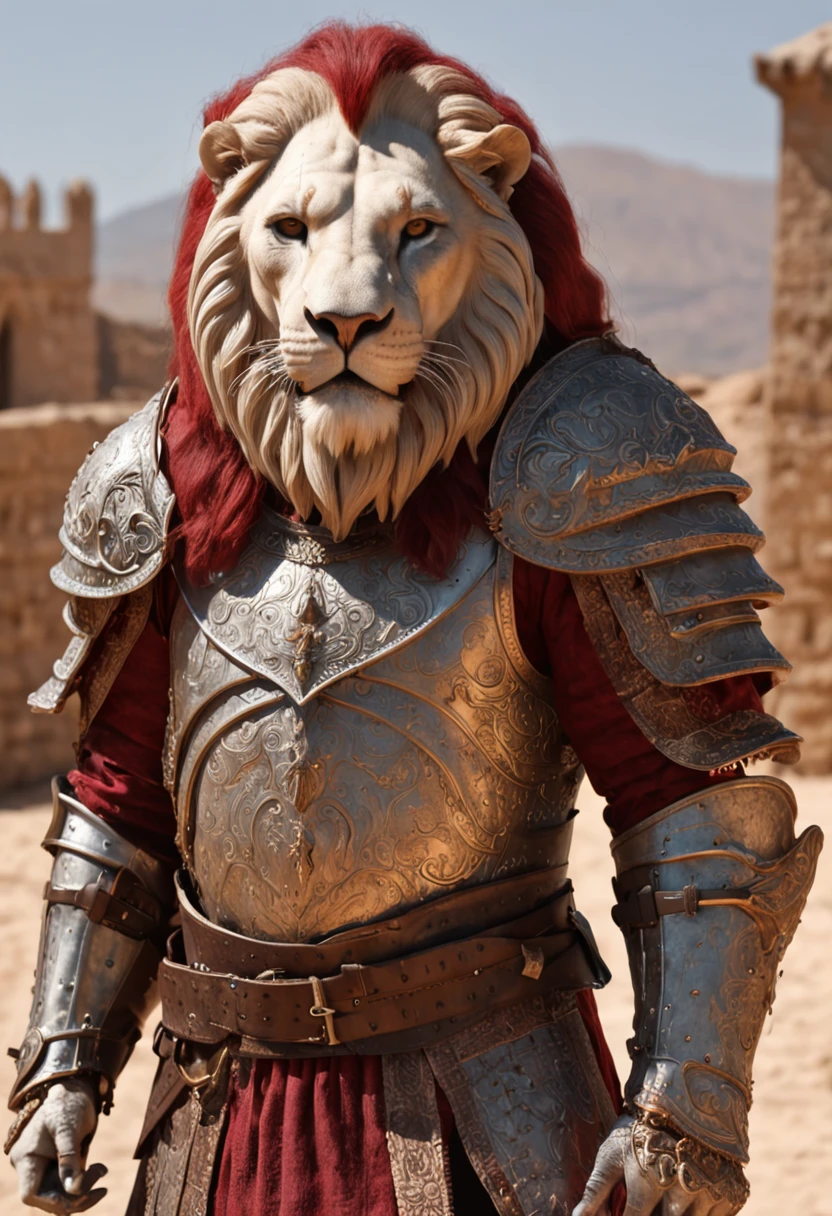 cavaleiro do homem velho, blindado, fundo do castelo, musculoso, usando armadura, sangue na armadura, sangue no rosto, armadura quebrada, Grande Espada, (Detailed description) (melhor qualidade) a lion wearing armor covered in blood with a sword in the, ，armadura de ouro，Methodical texture，lion head, peludo branco，white lion，homem musculoso forte, rua zangada, mochila， Carregando uma espada gigante nas costas，Faca na cintura, epic realistic, fotografia, desbotado, coisas complexas ao redor, fundo intrincado, Encharcado, Cores Neutras, ((((HDR)))), ((((cores silenciadas)))), cena intrincada, art-station, detalhes intrincados, vinheta