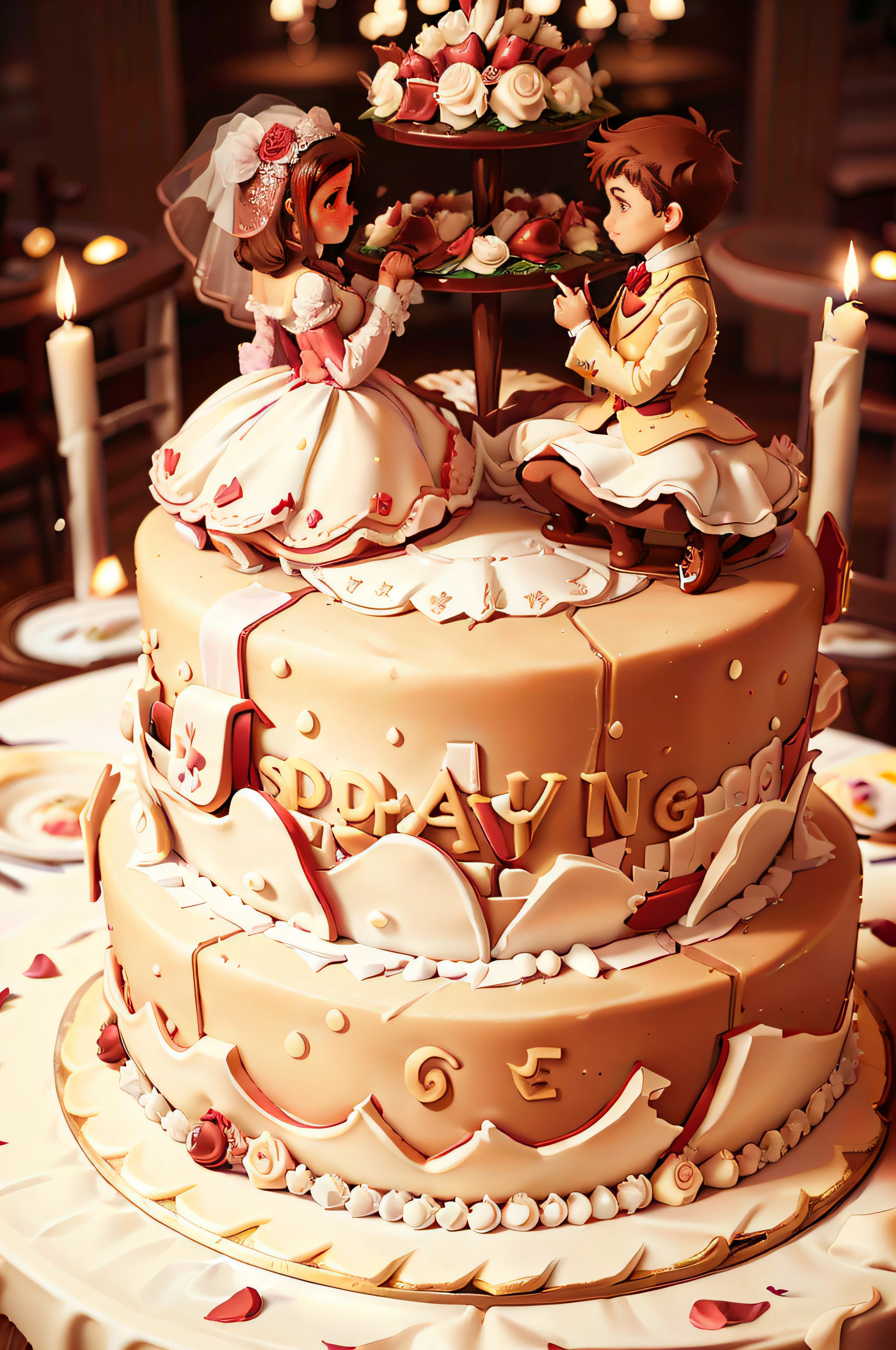 Wedding cake shape, (Cake style:1.2), (Masterpiece, Best quality), (A girl and a boy:0.3) Stand on the cake, full bodyesbian