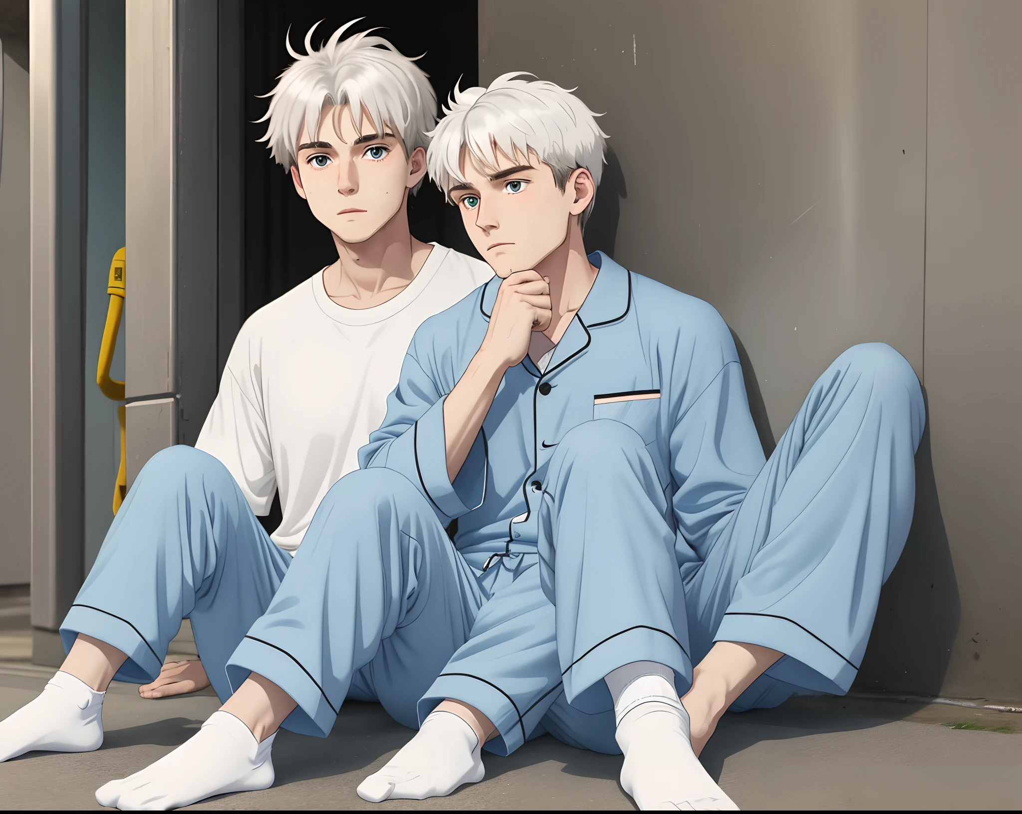 The white-haired boy wearing Nike white socks and a light blue pajamas sat lazily on the ground，He put one hand on his knee，One hand on your thigh