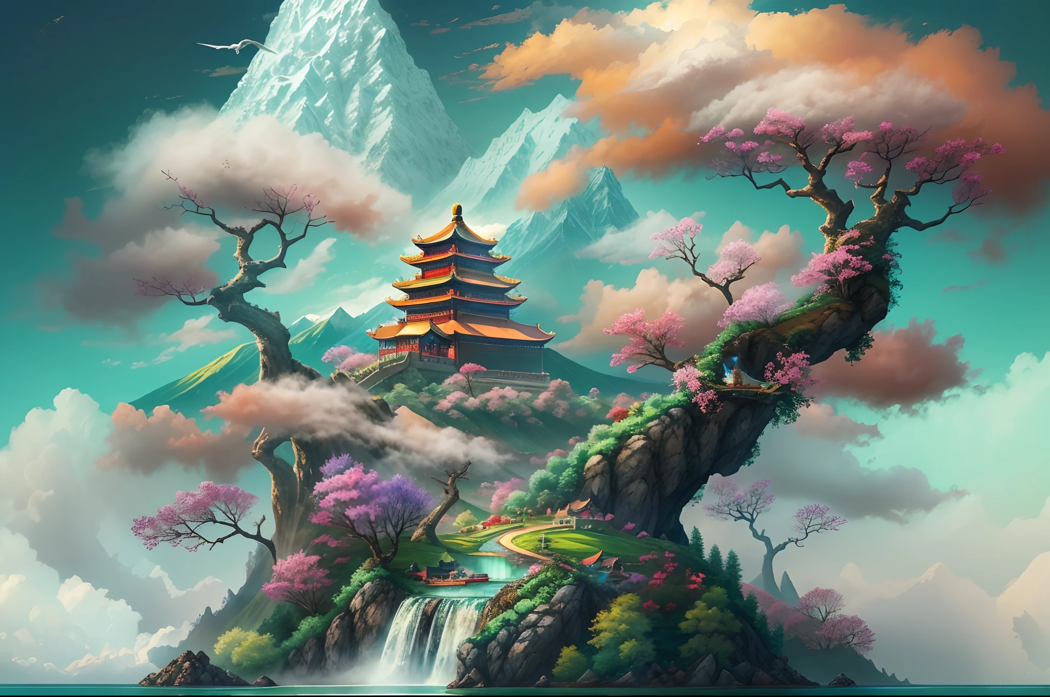 China-style,Fairy tale novel scenes,islands,Spring water,The tree,The loft surrounded by mountains is reflected in colorful auspicious clouds,In the distance, The crane flew away,Clouds and mist surround the mountains,super-fine,8K,best qualtiy,Works of masters,oc rendered,Detailed portrayal,acurate