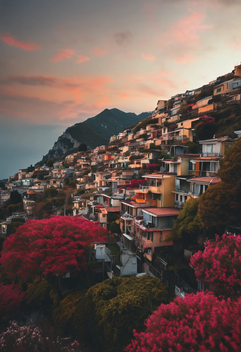 Flying Japan flags in front of 10 houses on the Amalfi Coast Fire in the mountains