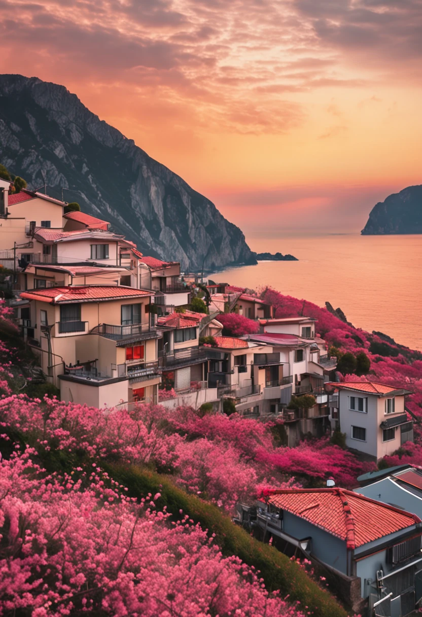 Flying Japan flags in front of 10 houses on the Amalfi Coast Fire in the mountains