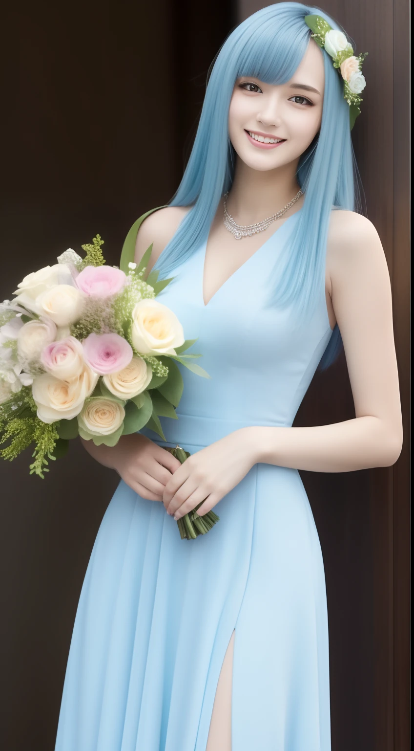 (master piece) brynhildr lancer fgo,20-year old,pure,happy,affectionately gaze,laurel wreath,bride dress,shyly pose, pretty round face,tall,very skinny,slender,light blue hair, cross-cut bangs strongly leans to the right,detailed hair,hugged a bouquet