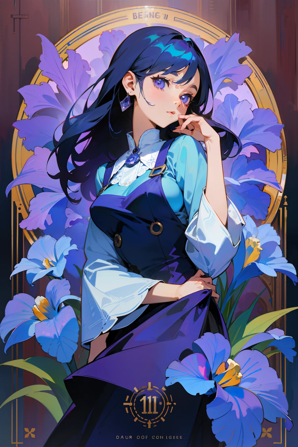 Western vintage dial，There is texture，The overall color is blue，The perimeter of the dial is wrapped in flowers，It's Iris，Very romantic，There should be a logo at the top of the dial，Called "Oops"，Background: None，The overall color is blue-purple，anime big breast，Watercolor painting，illustration