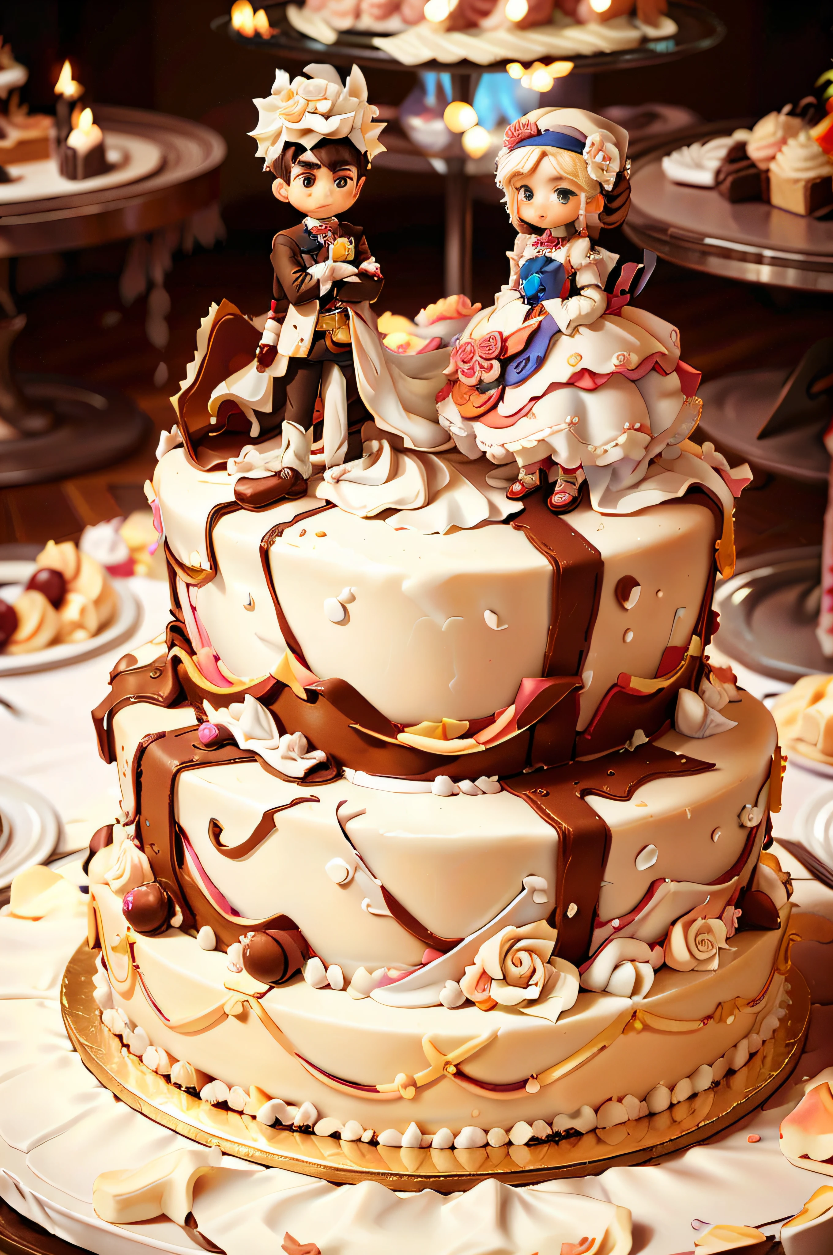 Wedding cake shape, (Cake style:1.2), (Masterpiece, Best quality), (A girl and a boy:0.3) Stand on the cake, full bodyesbian