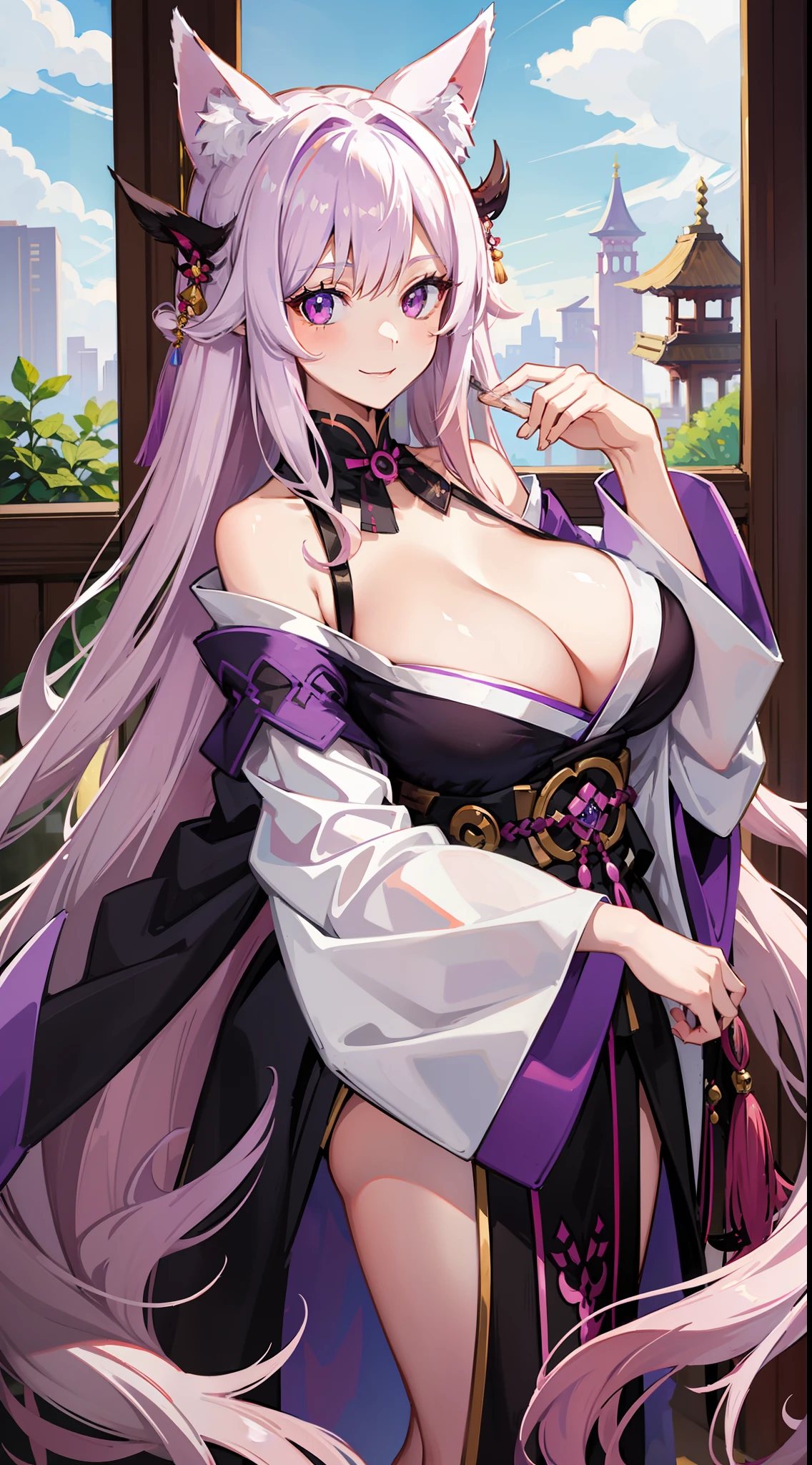 young girl, long pink hair, Fox ears, Heterochromia, left white and right purple eye, Purple kimono, open shoulders, Huge-breasts, Smile, Masterpiece, hiquality