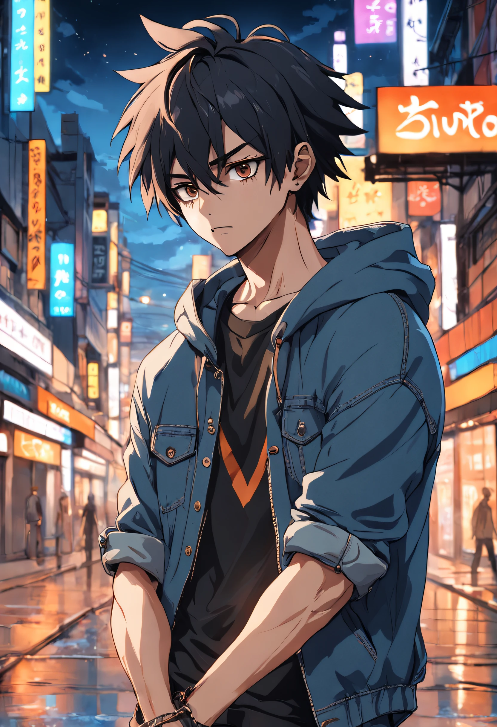 personagem masculino, 23 anos, cabelo preto, olhos castanho, brinco na orelha, olhos bonitos, por do sol, moletom com capuz, tattoos on arms, Denim Jeans Pants.