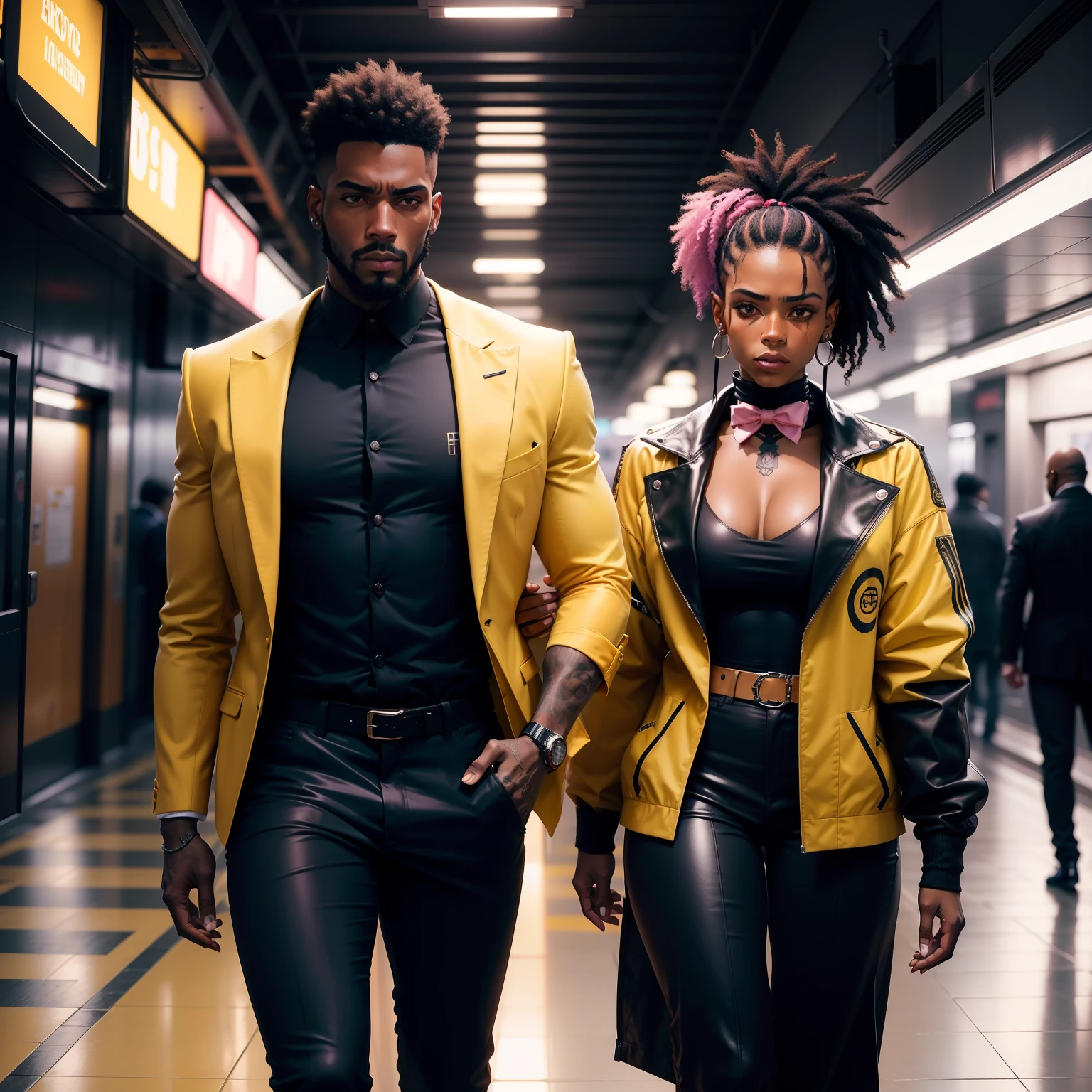 I'd like a cyberpunk style image in 4k average photo of two black characters ,homem e mulher ,30 anos de idade,portanto,africano, forte, musculoso,Bodybillder,muito forte de pele negra ,barba grande,barba, Estiloso Barbon,com cabelo punk estilo anos 80 na cor amarelo e cinza escuro,muito eLegante,, futurista e estiloso neon , com uma tatuagem super colorida e com neon ,Toattoo, facing a metro station on the platform , with station lights failing in a dimly lit environment, standing dressed in a dark yellow suit with a pink bow tie and baggy shirt.