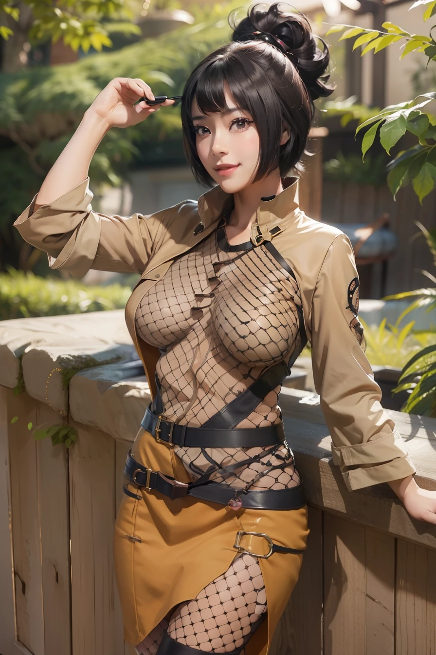 1girl, anko in anime naruto, short hair, sexy dress, black hair, brown eyes, smile, beautiful, brown clothes, very big breast, sexy clothes, realistic clothes, detail clothes, indoor wallpaoer, wallpaper realistic, wallpapaer detail, indoor background, ultra detail, realistic