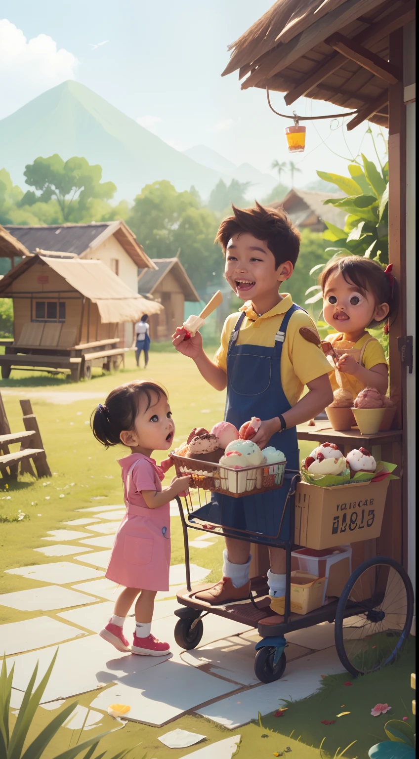 1 Ice cream man (wearing apron, malay man) sell his ice cream in cart entertain kids by giving ice cream to a , malaysian village background