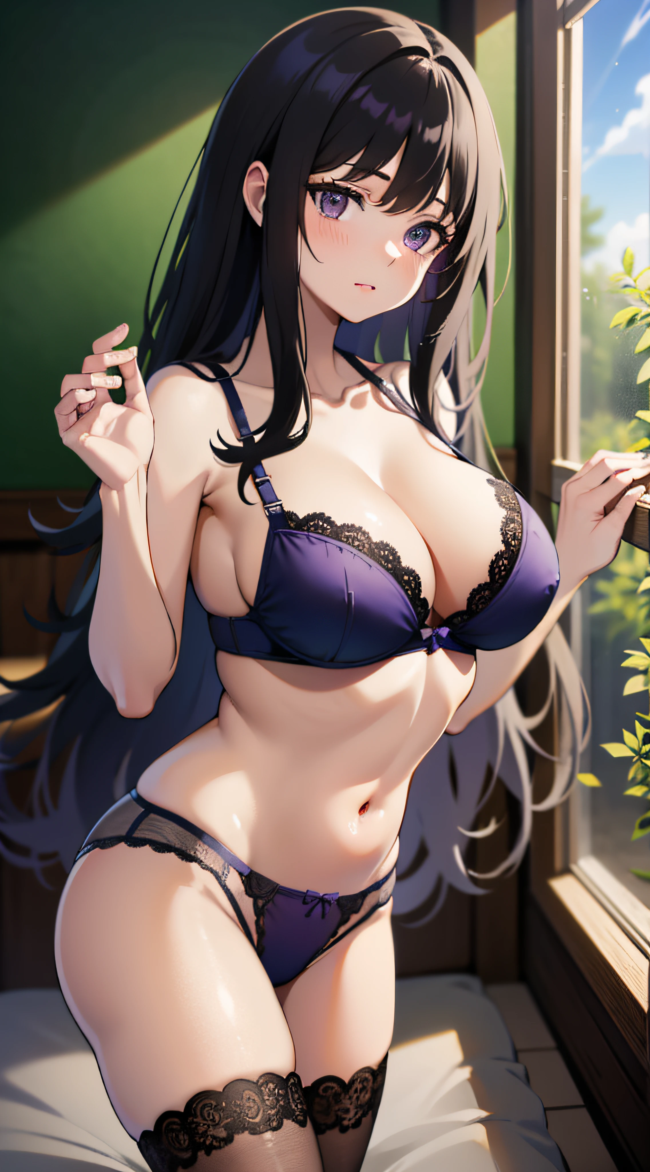 (masterpiece, best quality, highres, UHD, perfect pixel),Inoue Takina, Long hair, Bangs, Black hair, (Purple eyes:1.2), big breasts, cleavage, lingerie, bra, panties, indoor, bedroom, dynamic pose, busty, perfect body, (erotic pose)
