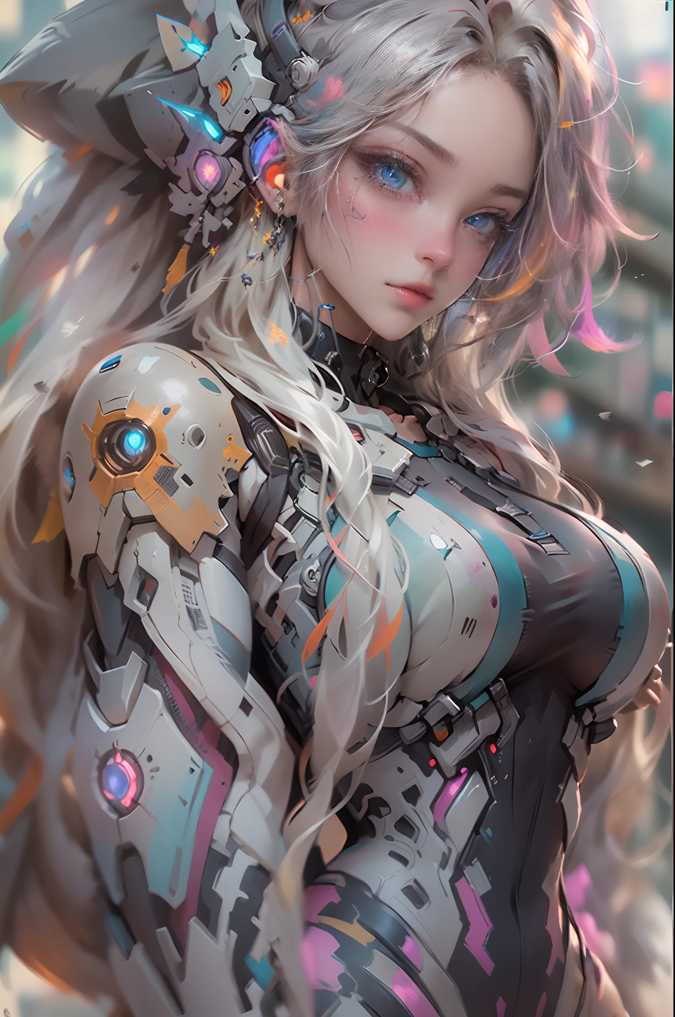 ((Best quality)), ((masterpiece)), (detailed:1.4), photograph of a beautiful cyberpunk female, (wearing smooth organic tech armor), (long shapeless multicolor hair), ((extreme close-up portrait)), (facing viewer), (Depth-of-field), Octane Render, (Cinematic lighting),Rule of thirds,8K RAW