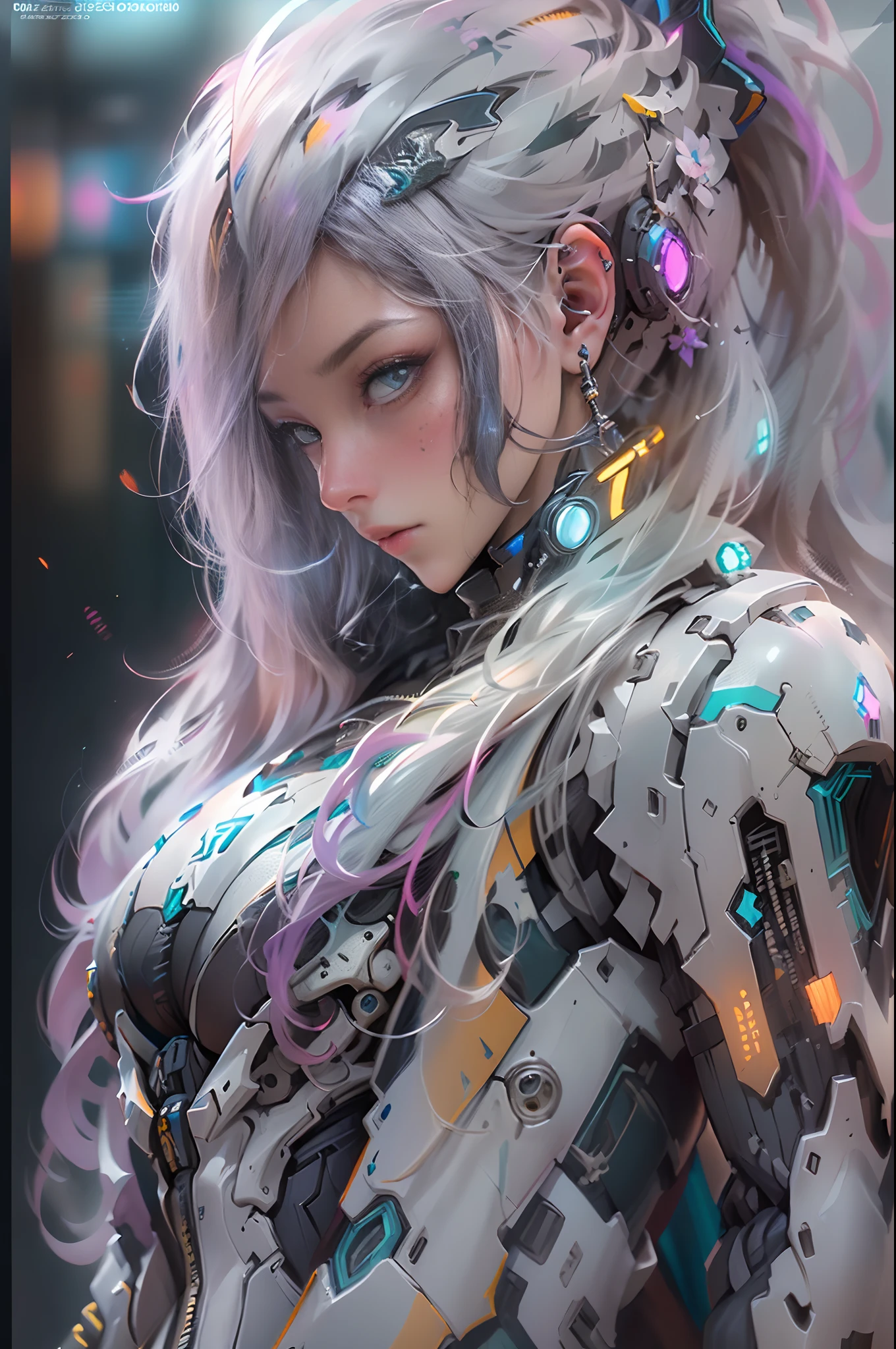 top quality, masterpiece, Ultra-high resolution, (Reality: 1.4), original photo, 1 cyberpunk girl, purple Hair, Smooth skin, 1.mechanical girl, Depth of field focus f/2.8, (Ultra-realistic details)), contrast, shadow, Octane Rendering, 8k, Extremely sharp, Cleavage exposed, Rawhide, Metal, Exquisite decorative details, Japan Details, Very intricate details, realistic light, CGSoation trends, face camera, Neon details, Mechanical limbs, blood vessels connected to tubes, A mechanical vertebrae attached to the back, Mechanical neck fixation device, Wires and cables to the head, Gundam, Small LED lights.